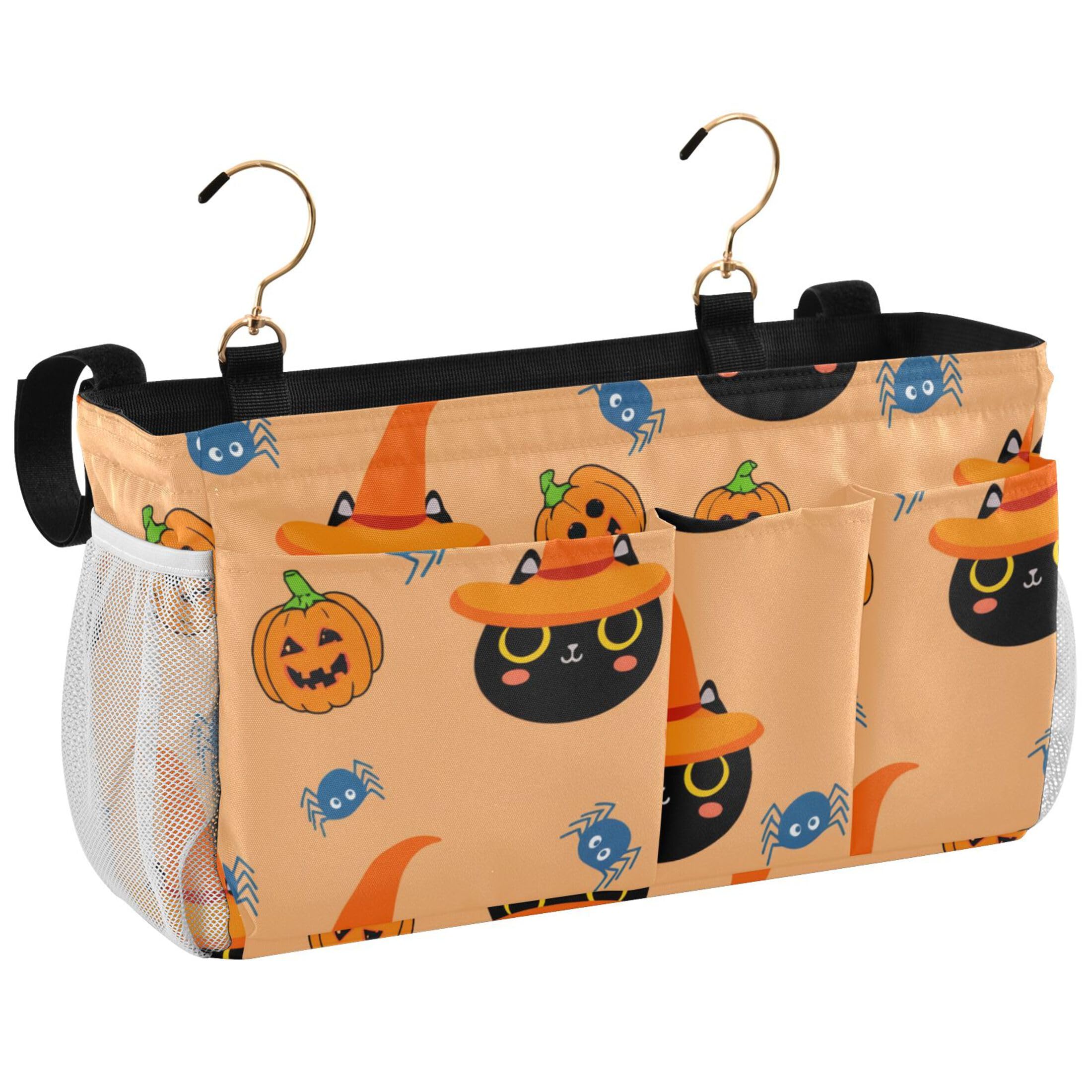 Burbuja Black Cats Wearing Orange Witch Hats Bedside Caddy Hanging Storage Organizer with 2 Straps and Hooks for Home College Dorm Bunk Bed Hospital Bed Crib