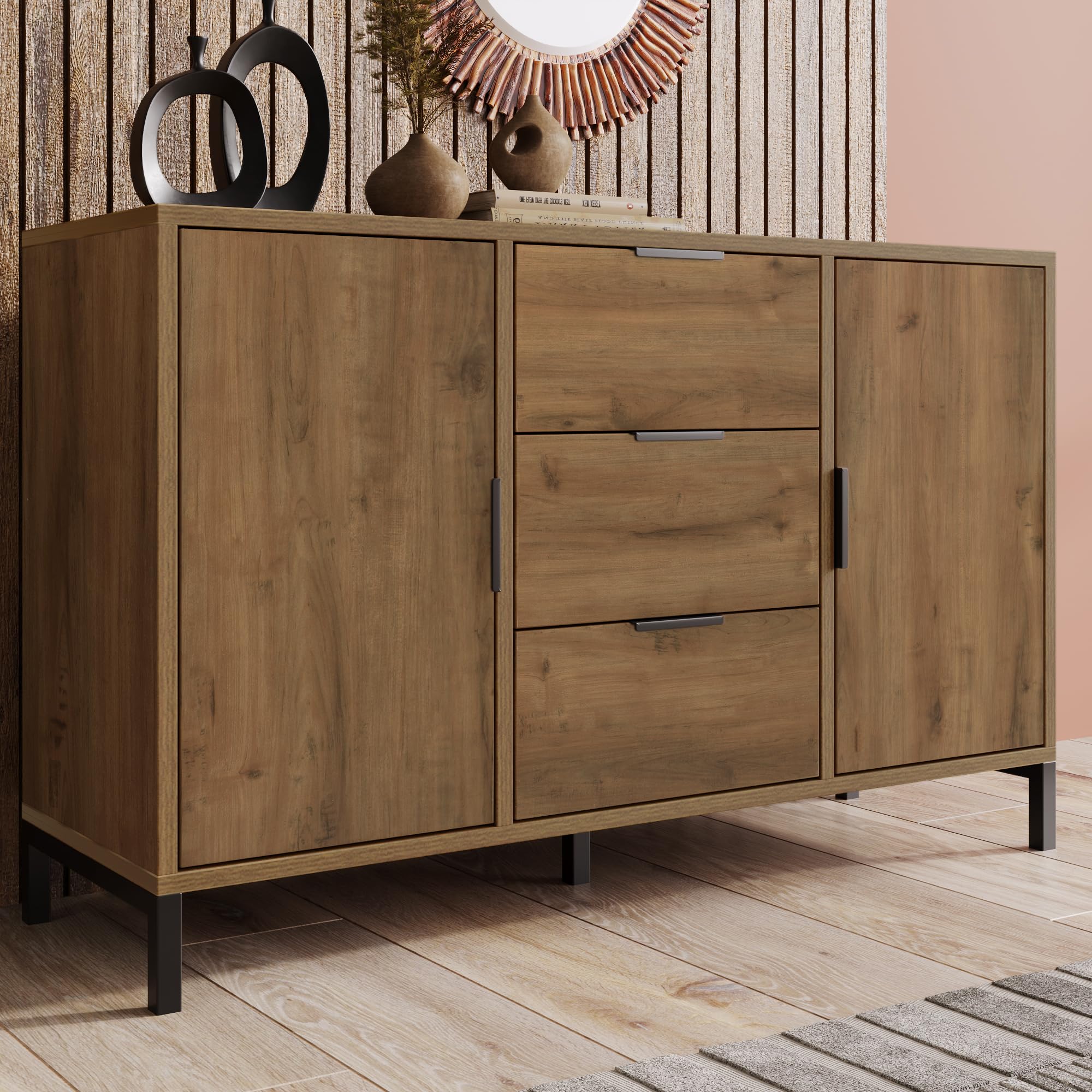Merax Aparador cómoda con 2 puertas y 3 cajones de 120 cm, armario buffet con estante ajustable, armario de almacenamiento en roble oscuro, patas metálicas, para dormitorio, salón, 120 x 40 x 76 cm