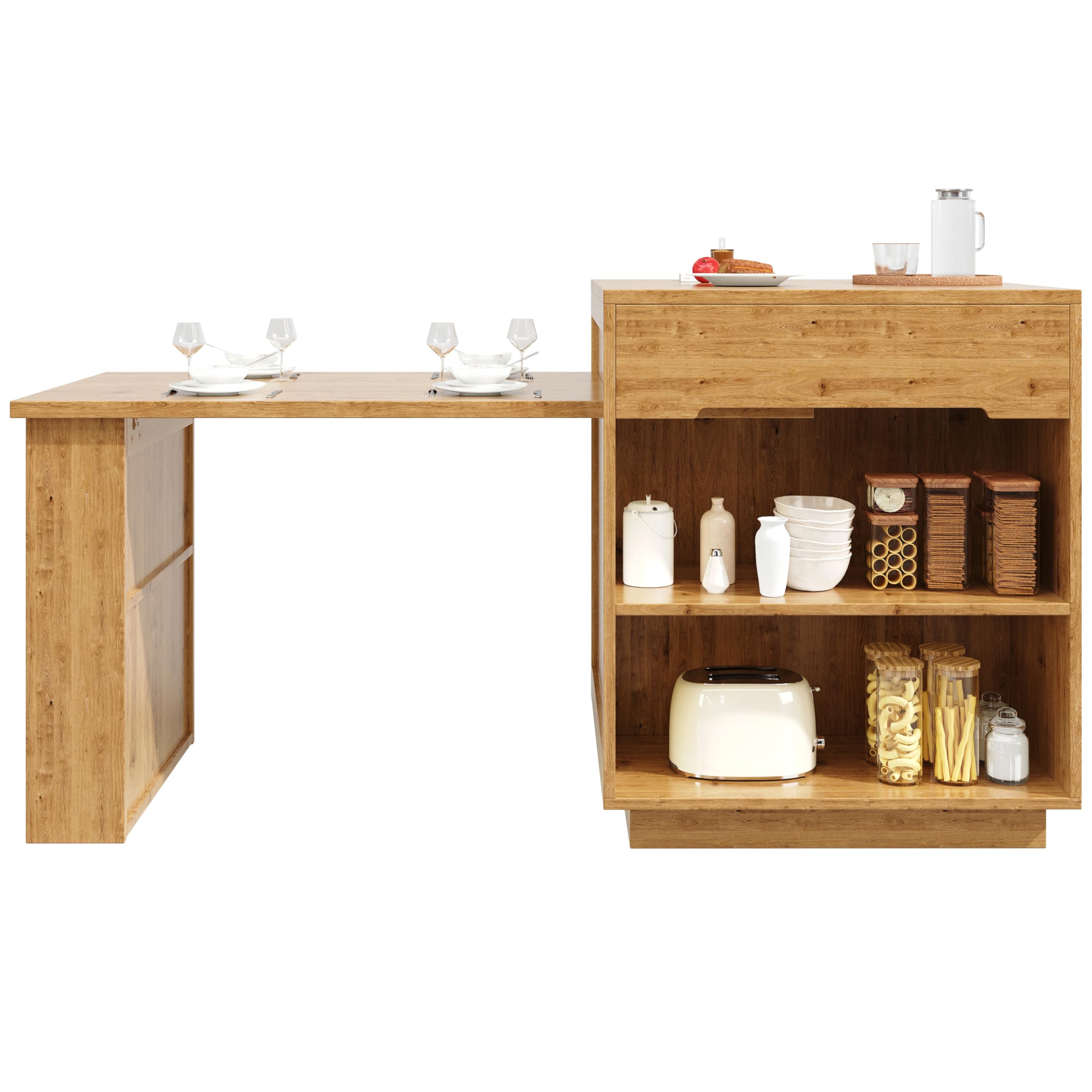 Isola cucina con tavolo allungabile, mobile cucina multifunzionale con illuminazione a LED (controllabile tramite app), effetto rovere, vano contenitore, cassetti, anta in vetro, per sala da pranzo e