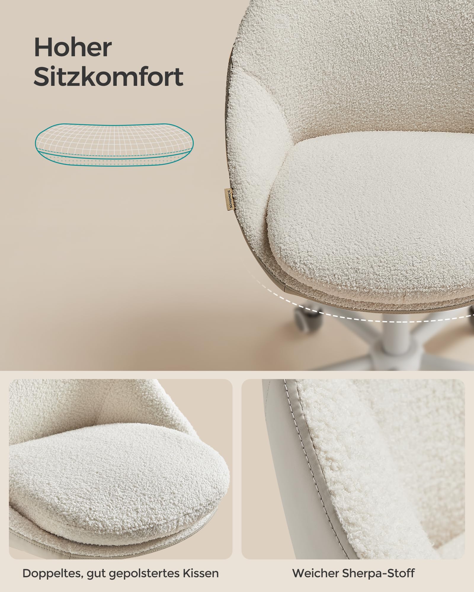 SONGMICS Homeoffice Stuhl, Schminkstuhl aus Sherpa, Schreibtischstuhl, Schaumstoffpolsterung, höhenverstellbar, für Arbeitszimmer, Schlafzimmer, cappuccinobeige-wolkenweiß OBG020W01