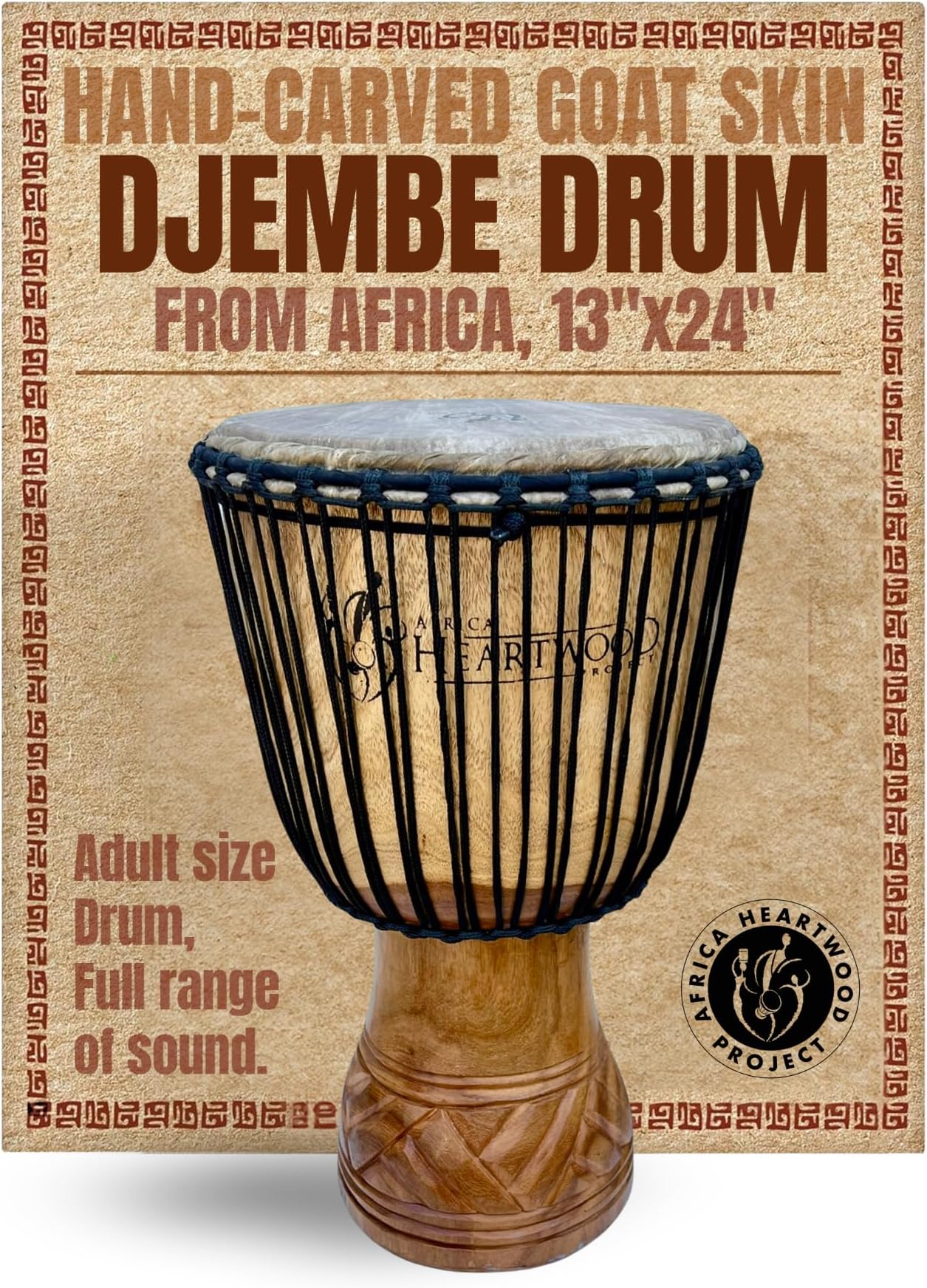 Hand-Carved Djembe Drum from Africa - 13"x24" Classic Ghana Djembe (Adi-Daas Carving) - Solid Wood Shell & Natural Goat Skin - Ready to Play Out of the Box Musical Instrument