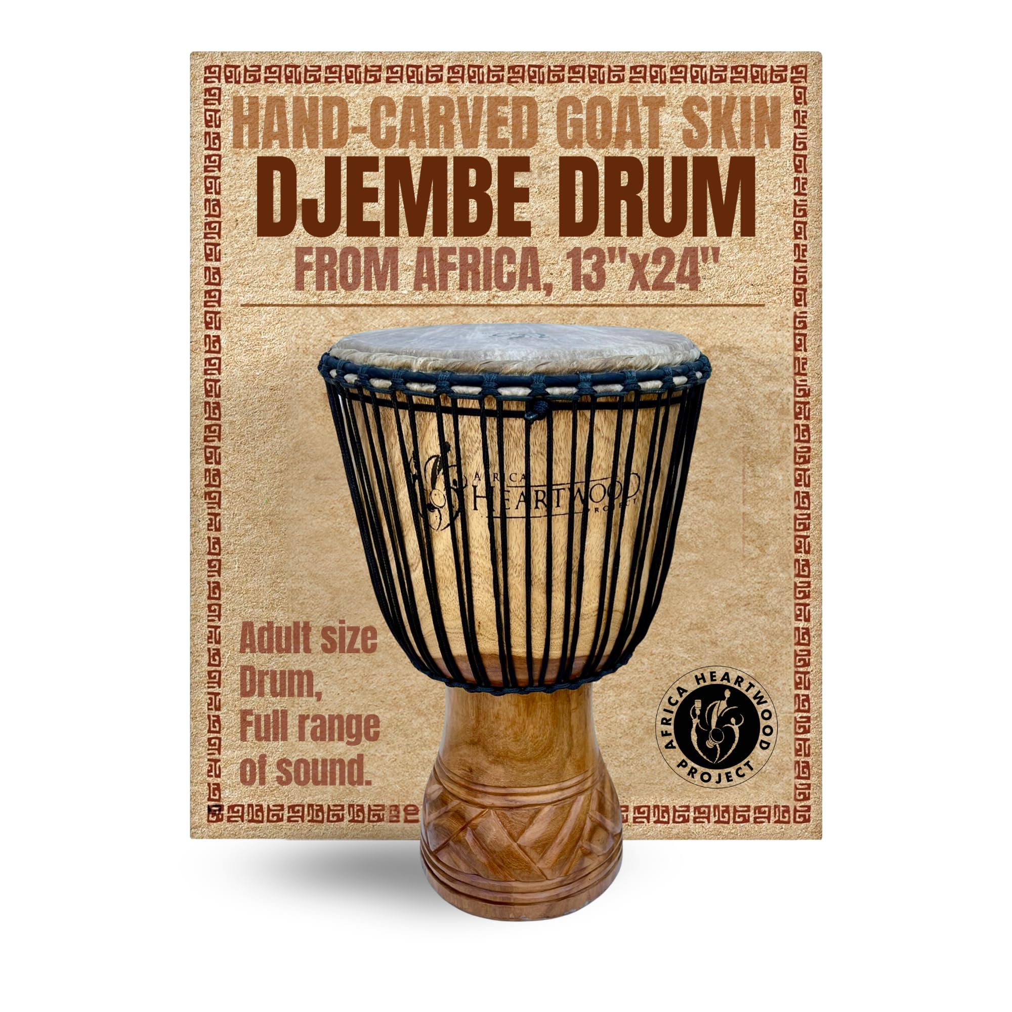 Hand-Carved Djembe Drum from Africa - 13"x24" Classic Ghana Djembe (Adi-Daas Carving) - Solid Wood Shell & Natural Goat Skin - Ready to Play Out of the Box Musical Instrument