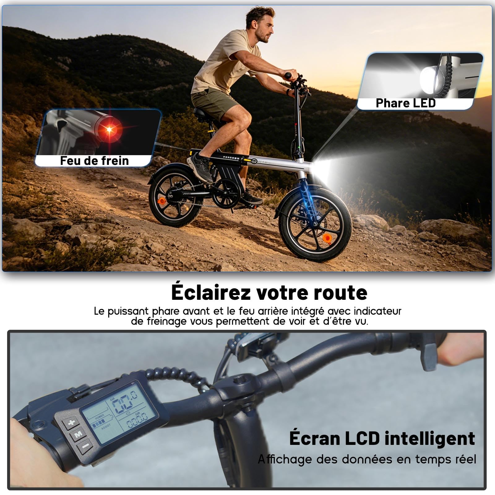 16" Vélo Électrique Adulte Ados - Autonomie 30-50km Velo Electrique Pliable,Ebike VTT Tout-Terrain,36V 12.8Ah Batterie,Double Disque E-Bike,3 Speed Modes Vélo électrique Hommes