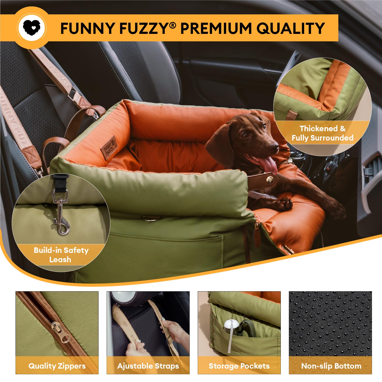 FUNNYFUZZY Hundesitz Auto für kleine und mittelgroße Hunde bis 16 kg, wasserdichter Hunde Autositz aus Kunstleder mit Sicherheitsleine, Rutschfester Unterseite und gepolstertem Hundebett(Grün)