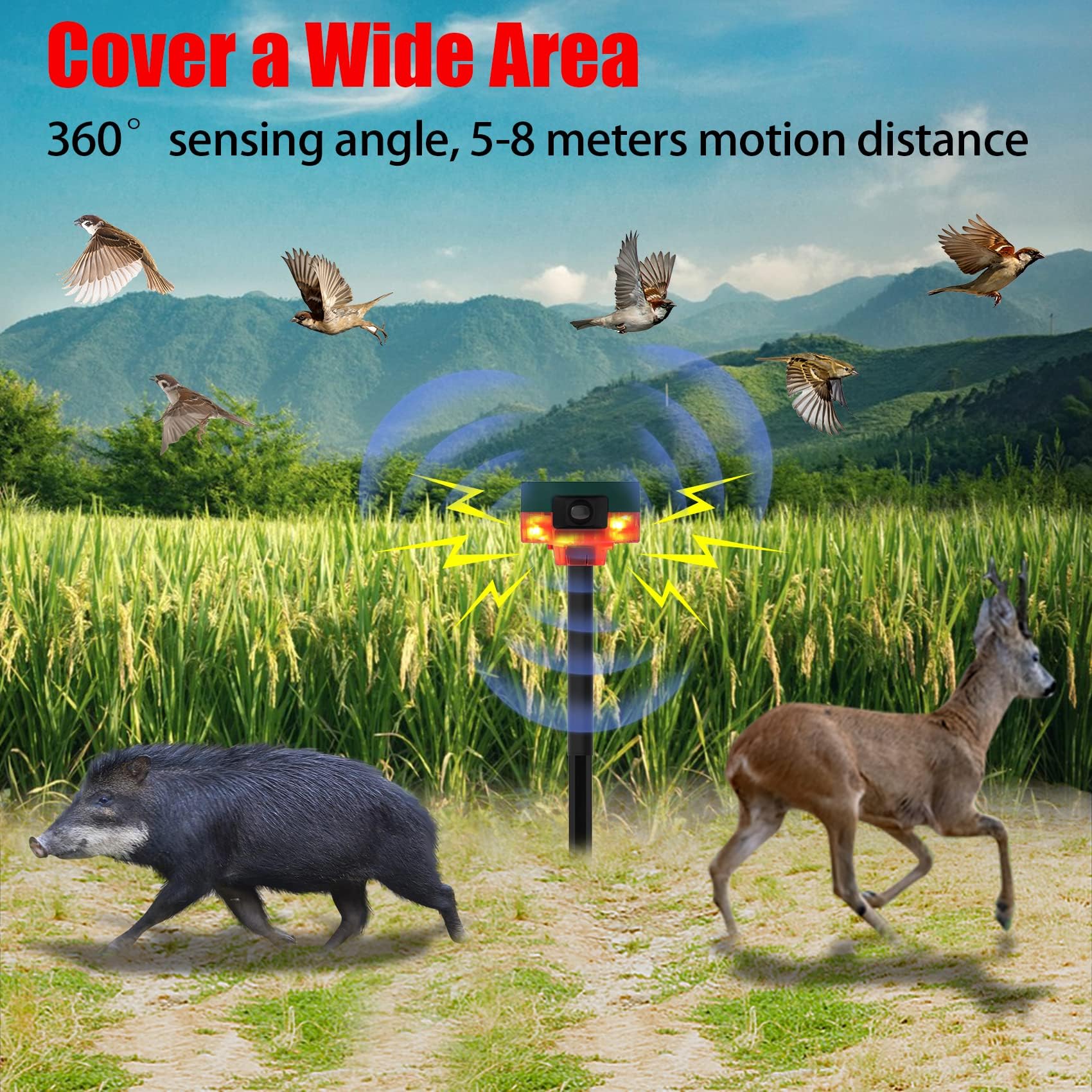 keeda Solar Motion Sensor Alarm, 129dB Loud LED Strobe Alarm 360° Detection Siren Lamp with Remote, 13 Tones + Customize Sound Audio Alarm for Villa,Farm,Barn,Yard,Chicken coop (Red)