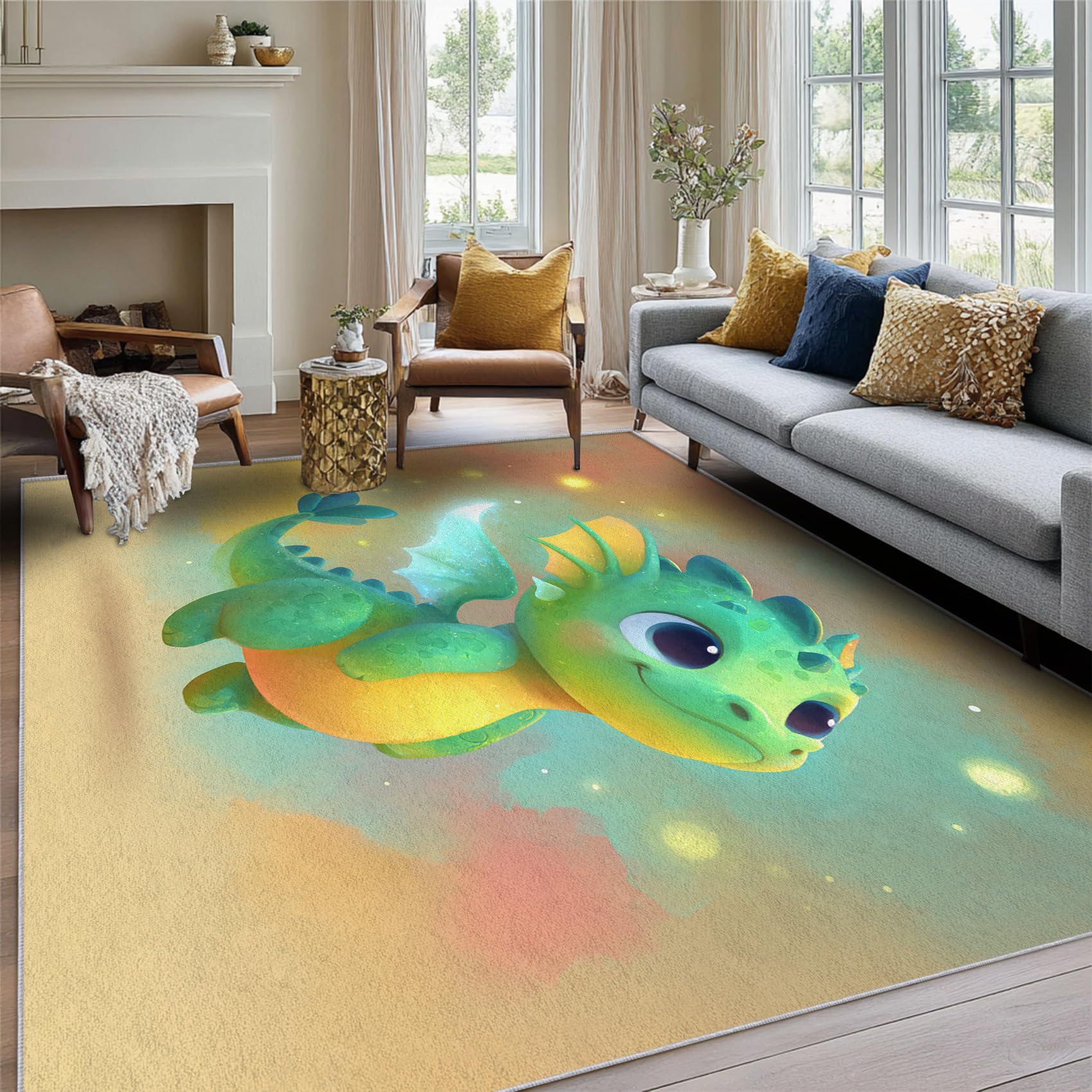 Générique Tapis Dinosaure Salon 60x90 cm Motif Dragon Enfant Cute Animaux Bebe, Tapis Lavable Antidérapant Doux Poil Court, Decoration Chambre Descente De Lit Carpet