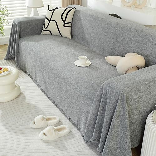 Miniatura 5 de HANDONTIME Funda de sofá para exteriores, funda de sofá con borlas gris oscuro para sofá seccional, funda de sofá de felpilla para perros y niños,