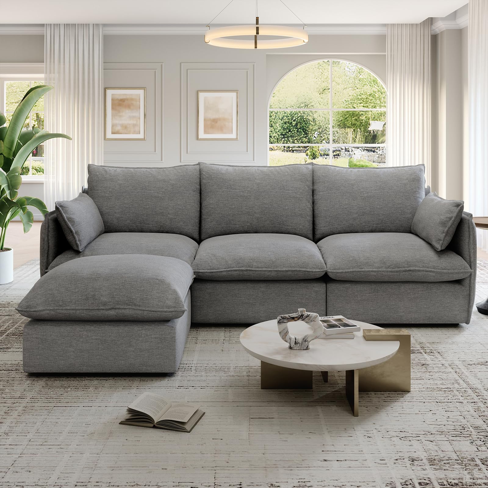 Lopzeho 94.6" Cloud Modular Sectional Sofa, Waterproof Down Filled Sectional Sofas, High Backrest L Shaped 3 Seater Sectional Couches with Ottoman,