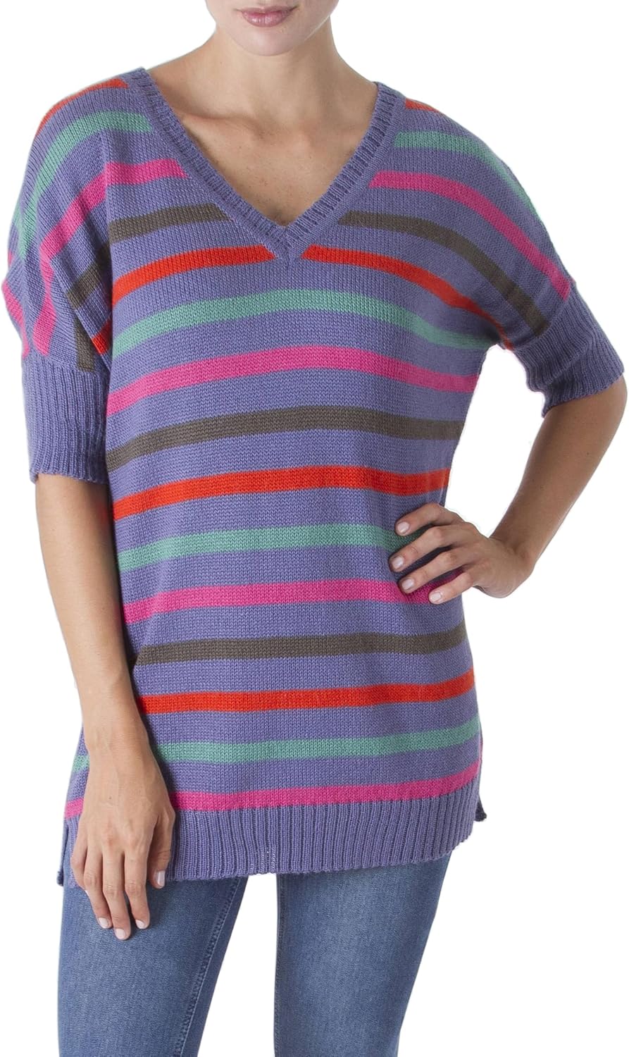 NOVICA Handmade Alpaca Blend Sweater Striped Periwinkle from Peru Acrylic Wool Clothing Purple Multicolor 'Pleasure of Periwinkle'
