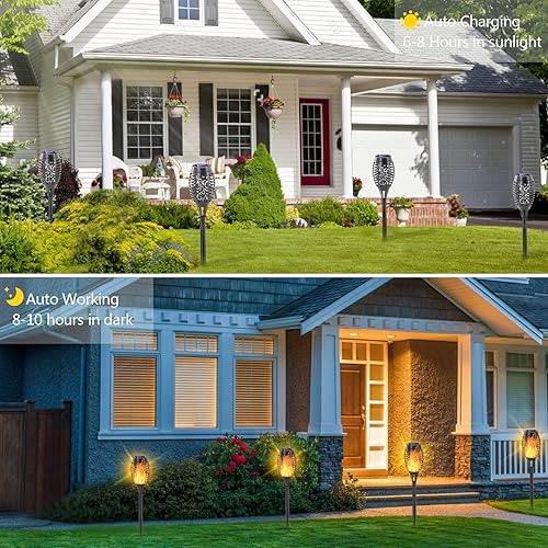 Miniatura 4 de EOYIZW Paquete de 12 antorchas solares con llama parpadeante, 12 luces LED solares al aire libre, IP65 impermeable tiki antorchas para decoración de