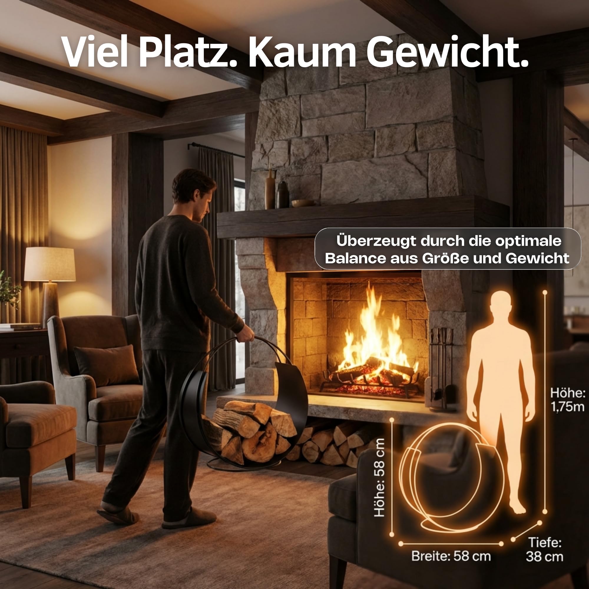 VASNER Situro S1/S2 Holzkorb – Kaminholzkorb Metall rund – Holzkorb für Kaminholz – Kaminholz innen & außen – Feuerholzkorb modern – 58 x 58 x 38 cm - schwarz