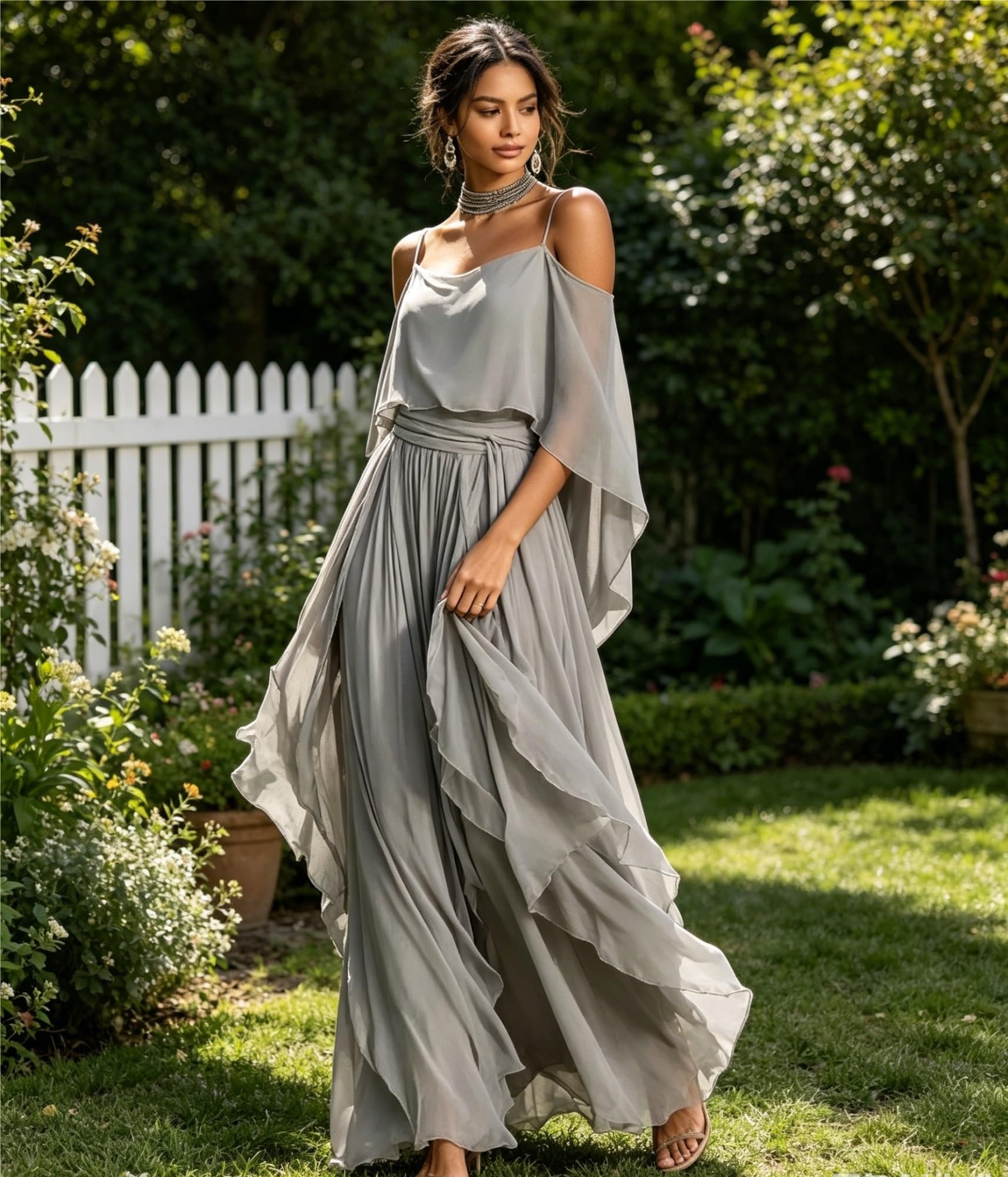 Genérico Conjunto Dos Piezas Elegante Mujer, Top con Hombros al Descubierto y Pantalones Palazzo Anchos Fluidos, Ropa de Verano para Bodas y Eventos Nocturnos
