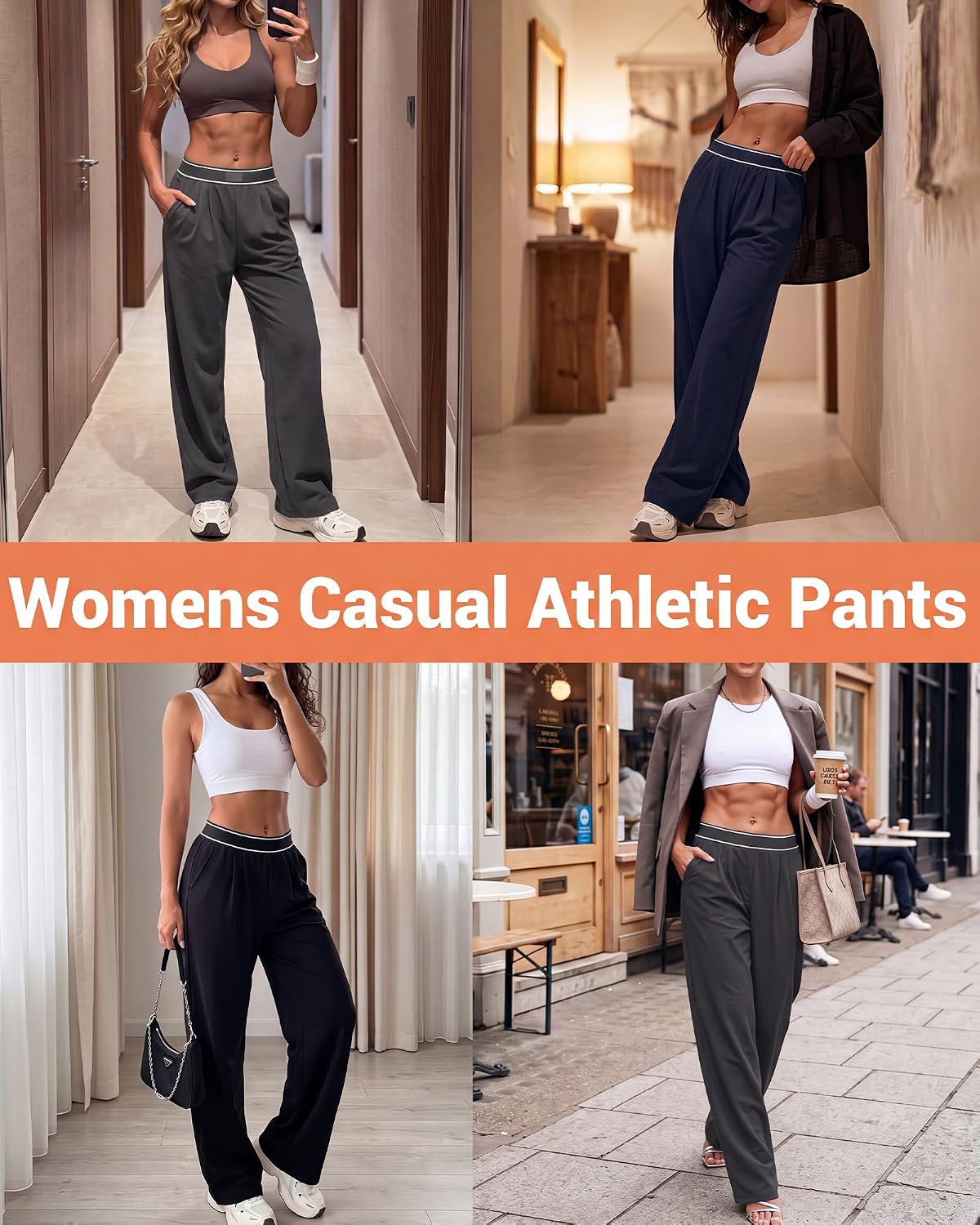 Coume 3 Pack Women Lightweight Straight Leg Pants Quick Dry Baggy Track Pants Elastic Waist Yoga Workout Trousers with Pocket