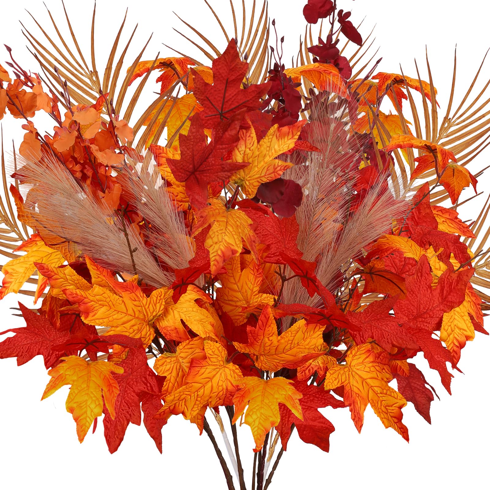 10Pcs Fall Artificial Flowers Orchid Maple Leaves Faux Reed Set, Faux Flowers Silk Stem, Autumn Artificial Leaves Branches Fake Leaf for Home Vase Thanksgiving Table Centerpieces Harvest Floral Decor