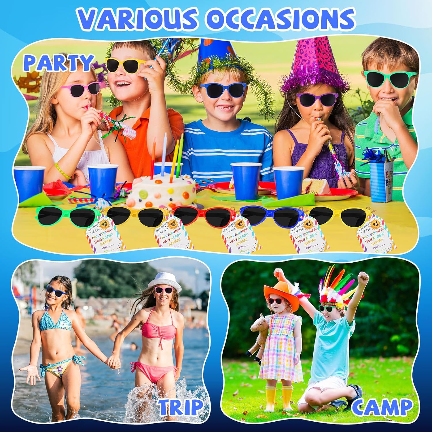 Kathfly 27 Packs End of the Year Student Gifts Preschool Kindergarten Graduation Gifts Kids Neon Sunglasses with Blessing Card(Fun)