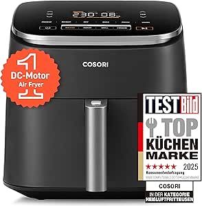 Cosori Turboblaze Airfryer Heißluftfritteuse, 9-in-1 Air Fryer XXL 6L, leiser DC Motor mit 5 Geschwindigkeitsstufen, Grillen, Backen, Gären, Dehydrieren, Tiefkühlen, 87 Rezepte, 64% energiesparend