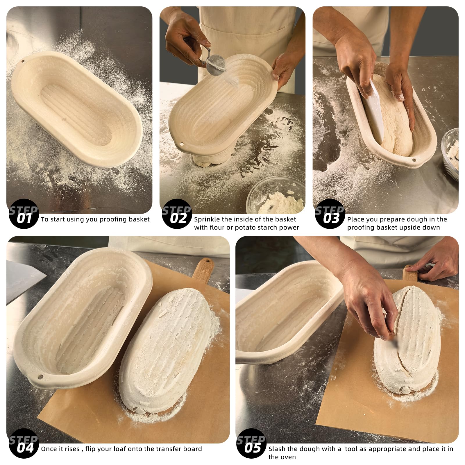 Lot de 6 corbeilles à pain ovales de 30,5 cm avec sac de rangement, 30,5 cm, pour pain professionnel et fait maison
