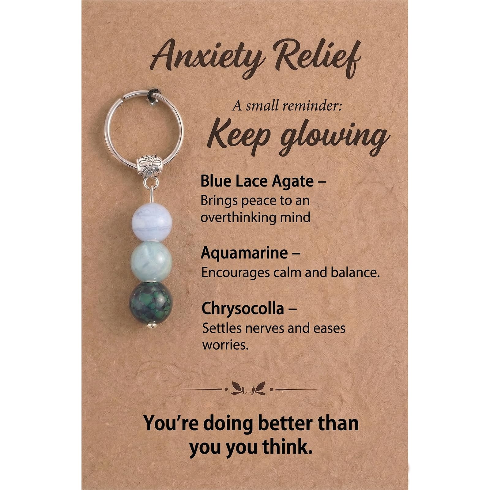 Virelle Anxiety Relief Crystal Keyrings for Women-Healing Stones for Calm&Balance, With Encouragement Gift Card-Spiritual Birthday Gifts for friends Ladies