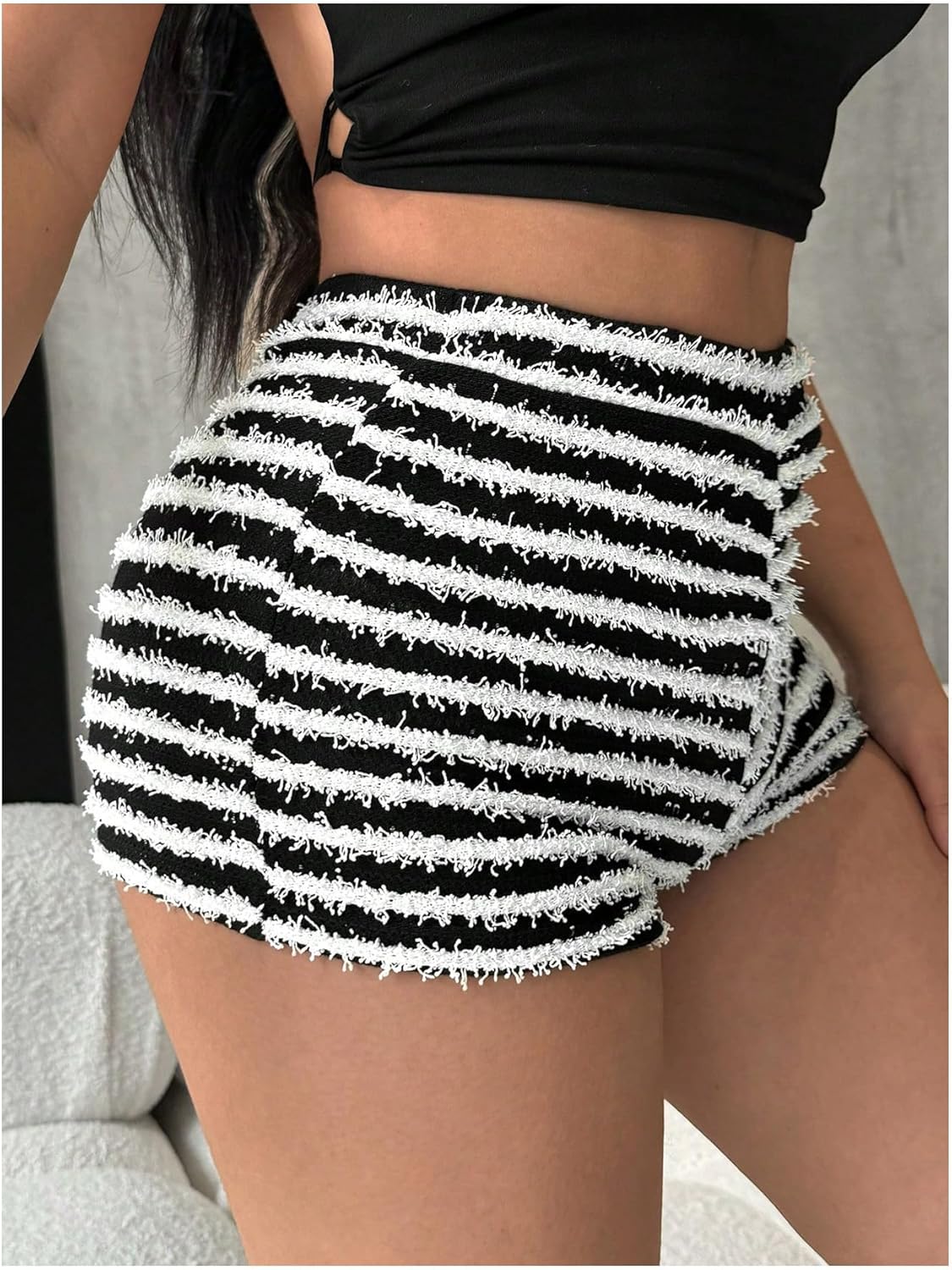 SOLY HUX Women's Striped Print High Waisted Fuzzy Skinny Mini Shorts Summer Going Out Outfits - Image 3