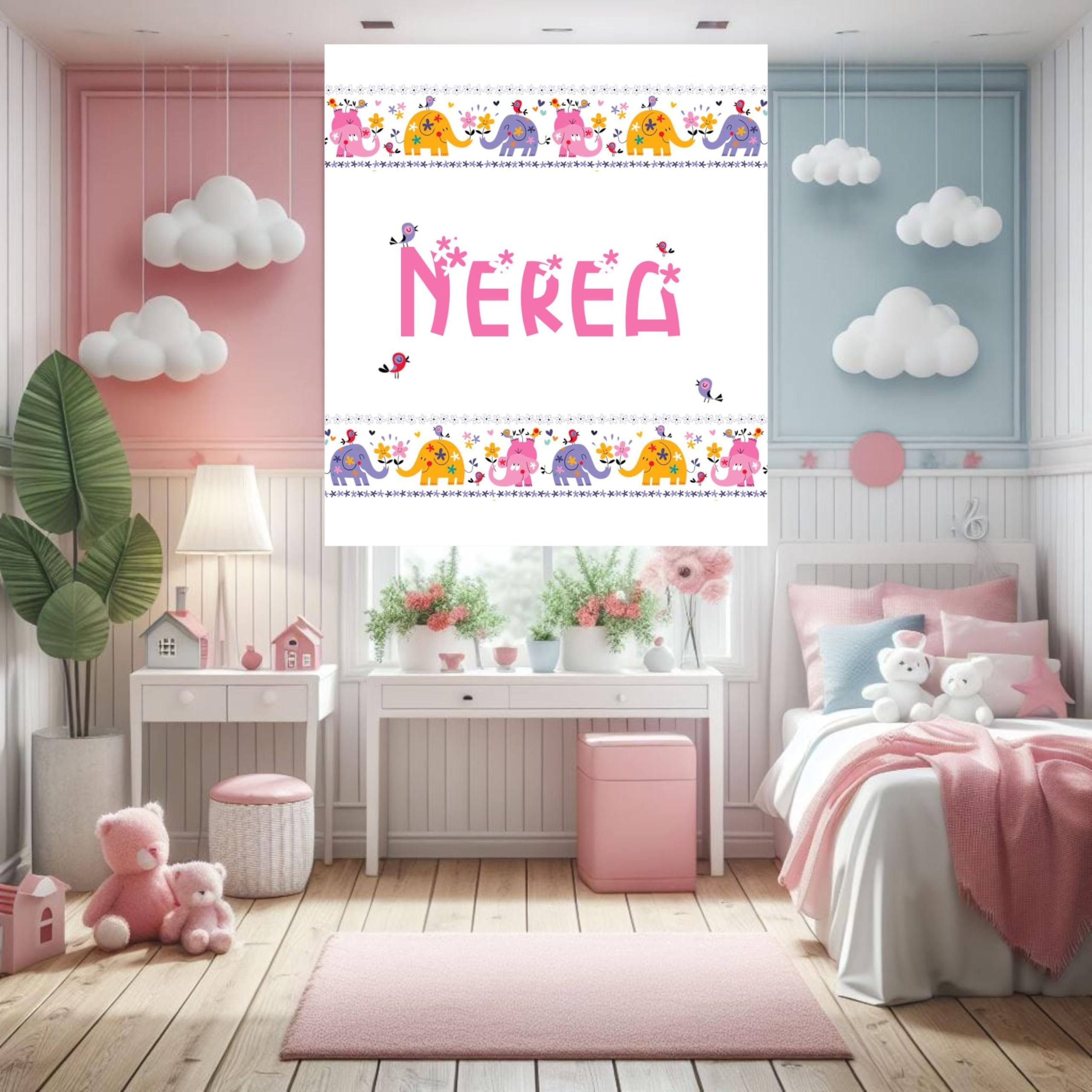 Estor Infantil Personalizado con Nombre | Estor infantil niña estampado Elefantes y Flores 010| Cortina Enrollable Translúcida para Habitación de Bebé o Niña | Hecho en España (40X60)