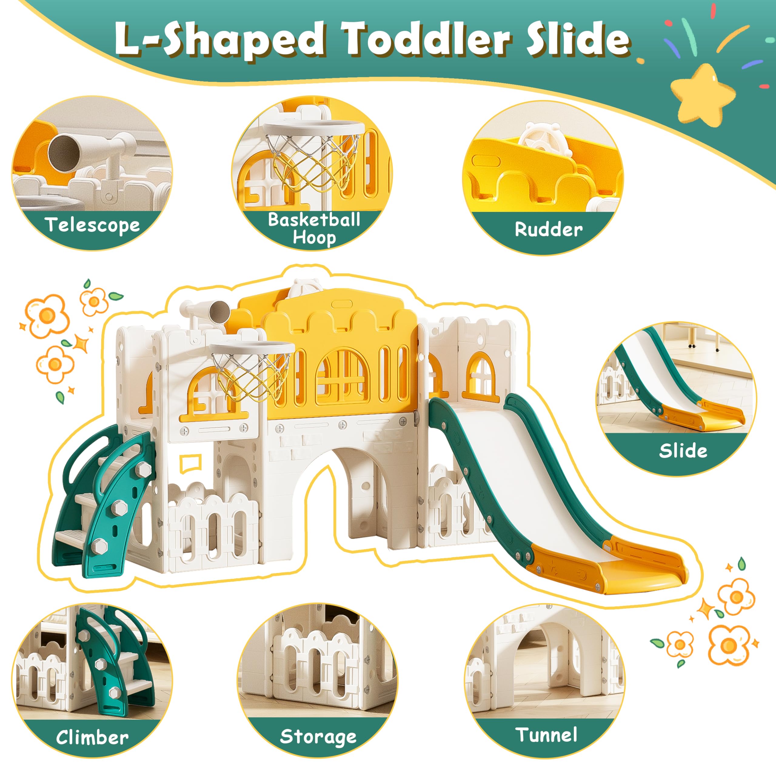 Goldshire 7 in 1 Toddler Slide,Kids Climber Slide with Storage Space and Non-Slip Steps, Toddler Playset with Basketball Hoopa and Telescope, Indoor Outdoor Playground for Toddlers