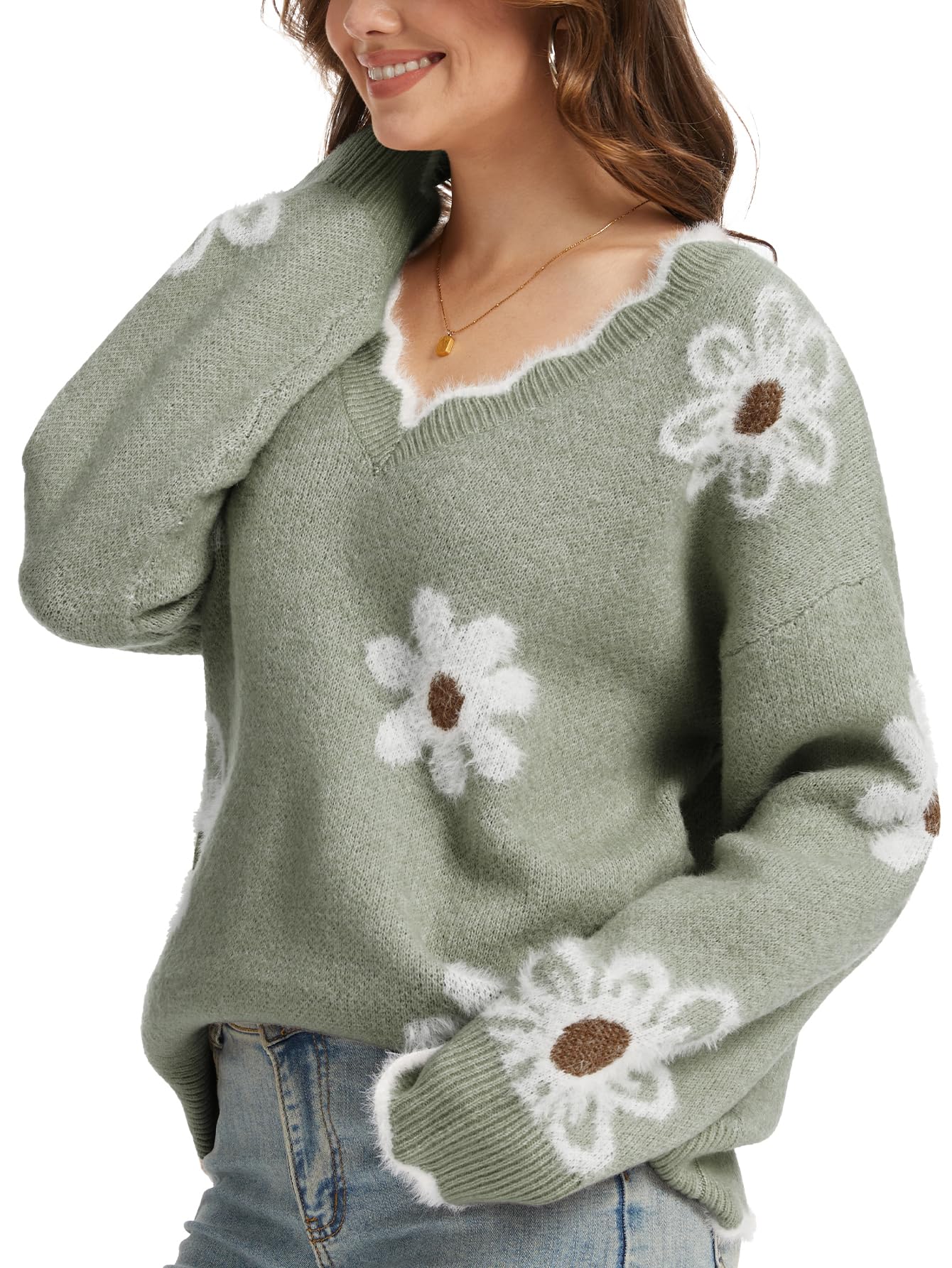 Long Sleeve Sweaters for Women V Neck Pullover Floral Graphic Tops Loose Fit Trendy Casual Soft Outfits