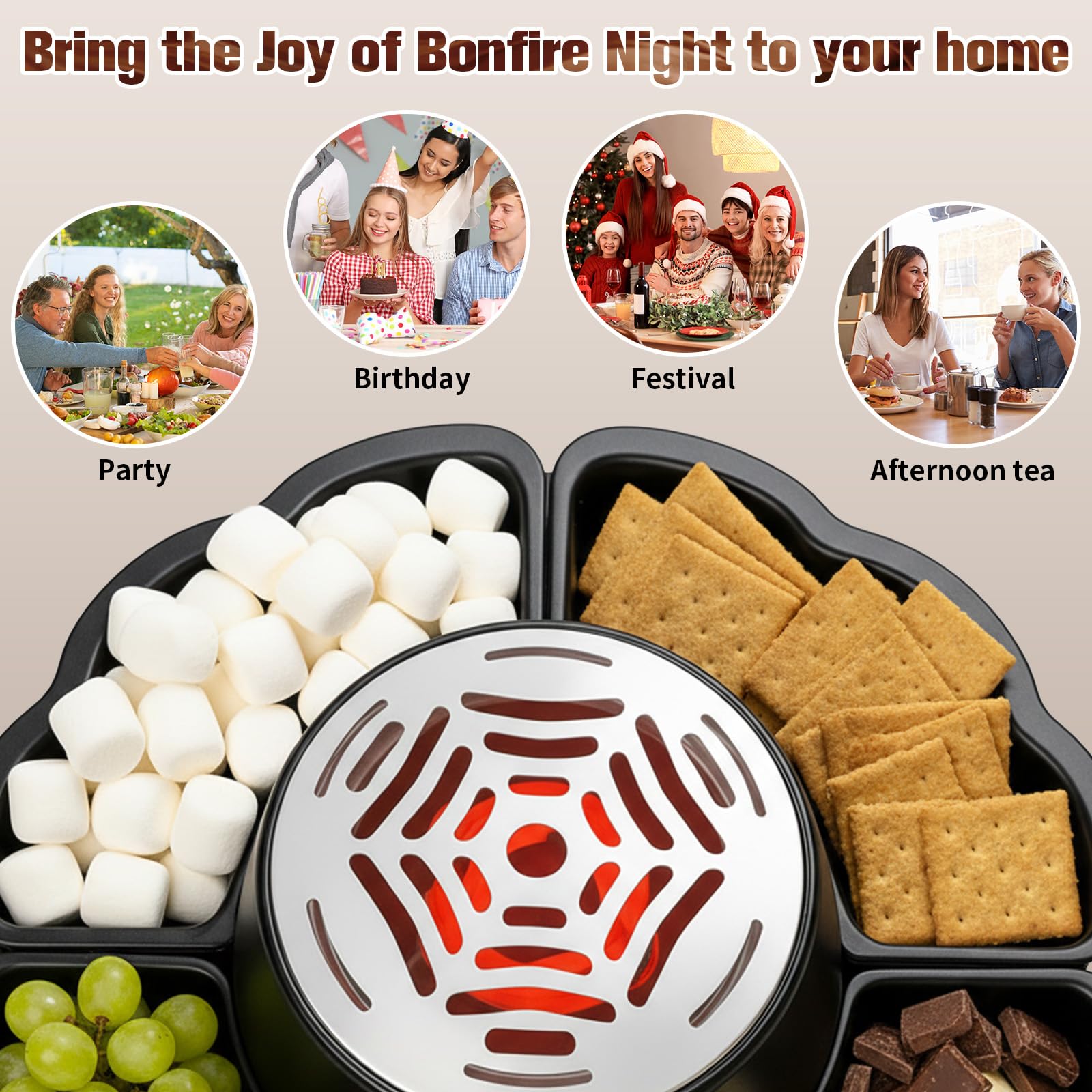 2-in-1 Smores Maker & Schokoladenfondue Set – S'Mores Set für Innenräume, Flammenloser Röster mit 4 Abnehmbaren Tabletts & 4 Grillgabeln, für Partys und Geschenke