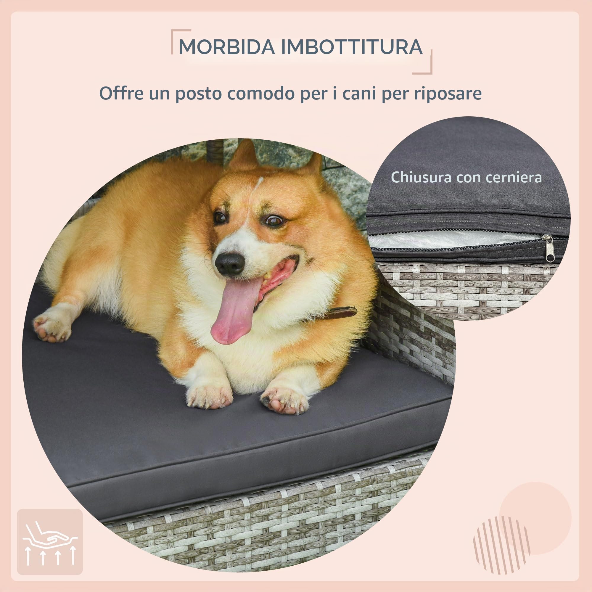 PawHut Casa per cani in vimini esterno, vimini grigio degradato e cuscino | Letto per cani in rattan, tettoia, cuscino impermeabile, letto rialzato per razze piccole e medie fino a 30 kg, 50 cm