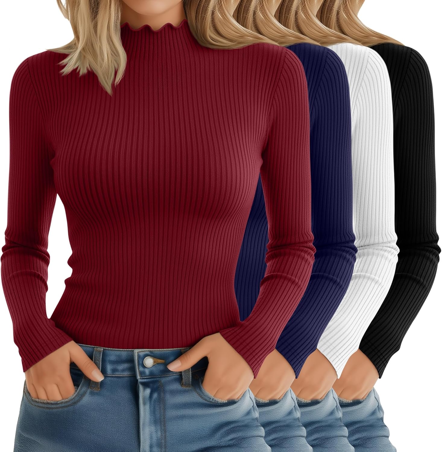 Riyiper 4 Pack Cotton Women's Mock Turtleneck Long Sleeve Tops Ribbed Lettuce Trim Slim Fit Basic Shirts Thermal Base Layer