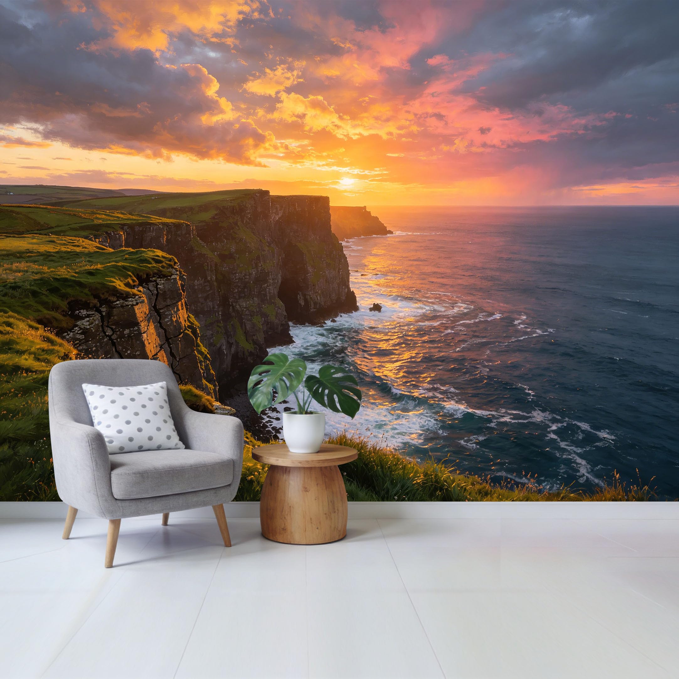 Custom Size Wall Mural Coastal Sunset Ocean Cliff Landscape Removable Self Adhesive Fabric Home Wall Decor for Living Room Bedroom Bathroom