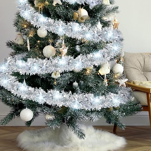 Miniatura 17 de Kingdder Guirnalda de oropel de Navidad de 16.4 pies iluminada metálica para decoración de árbol, funciona con pilas, 50 luces LED, guirnalda