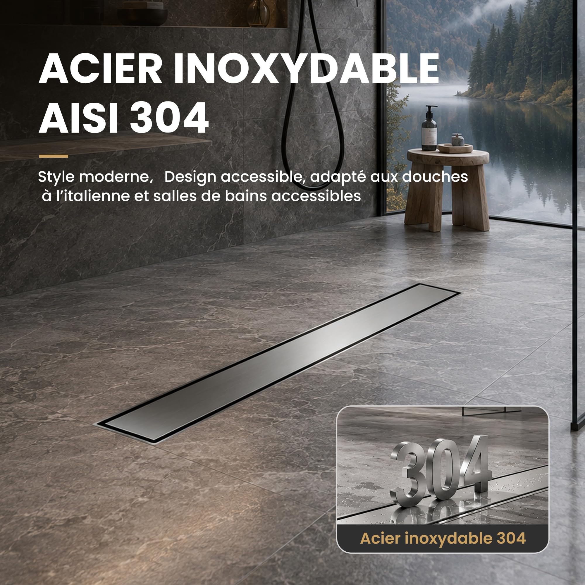Caniveau Douche Italienne 50 cm | Carrelable avec Siphon Anti-Odeurs, Filtre à Cheveux et Design Sans Seuil pour Douche Italienne, Acier Inoxydable AISI 304