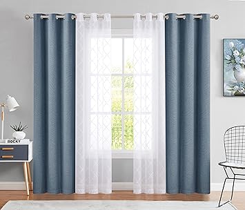 Fragrantex Mix and Match Curtains 4 Pieces Set Solid Stale Blue 100% Blackout Curtains and Geometric Embroidered White Sheer Window Panels for Living Room Bedroom Grommet Top W52 xL63 x4