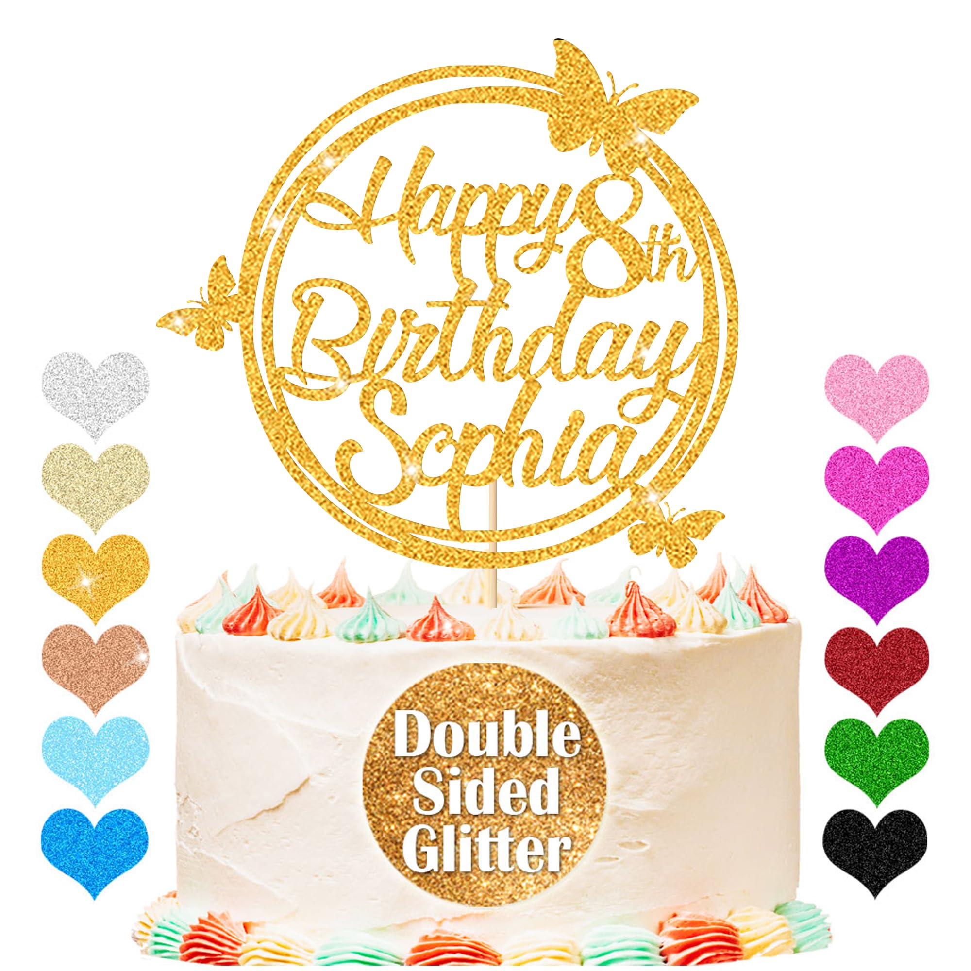 Personalised Happy Birthday Glitter Cake Topper, Custom Cake Topper Any Name & Age, Round Butterfly Cake Toppers, Birthday Party Cake Decorations for 18th 30th 40th 50th 60th 70th (Gold)