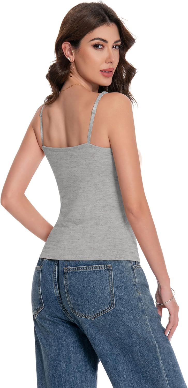 Women Camisole Tank Top - Built-in Bra Adjustable Spaghetti Strap Scoop Neck Padded Casual Basic Cami Shirt