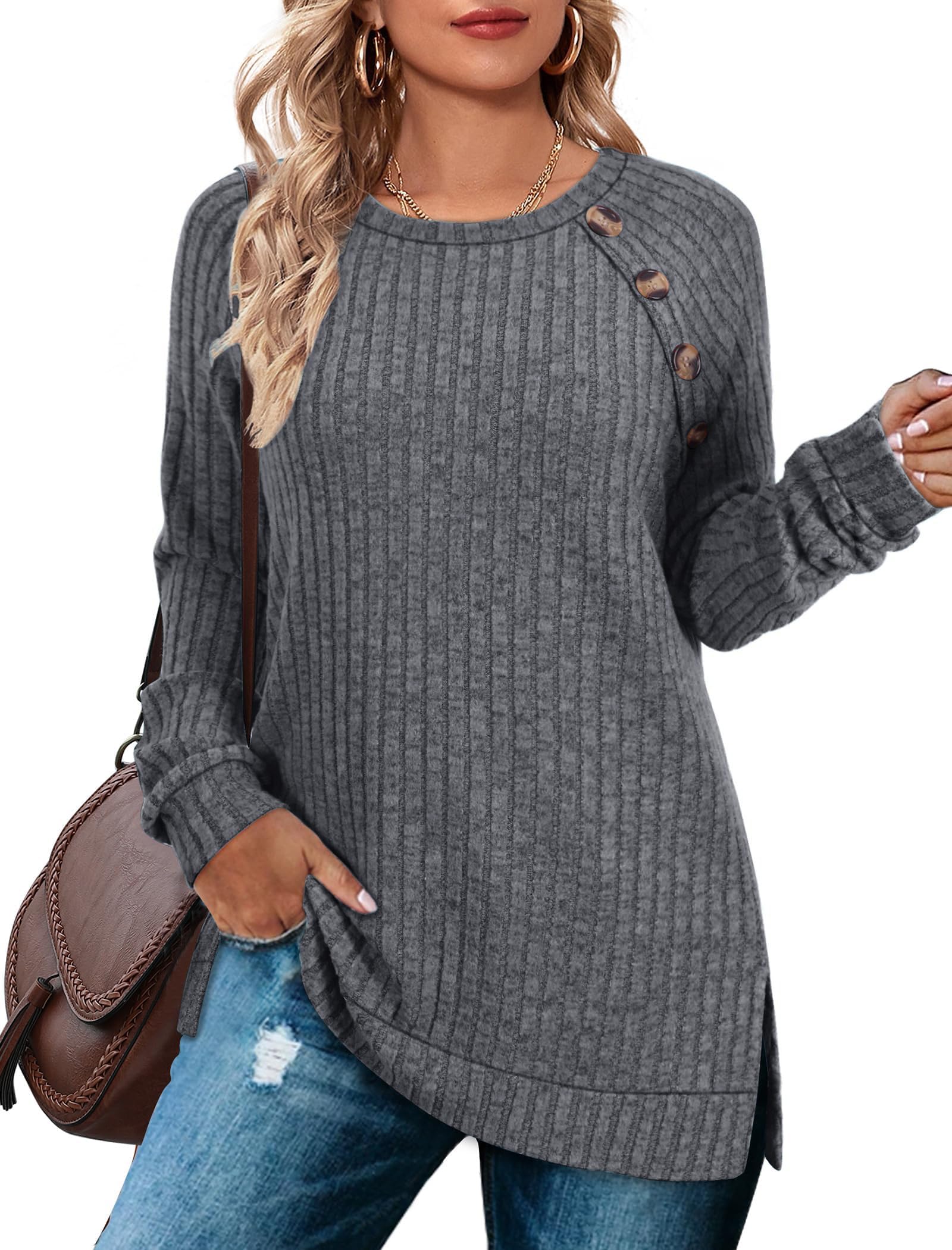 TrendiMax Damen Langarmshirt Leichte Strickpullover mit Knopfdetail Rundhals Casual Oberteile Elegant Sweatshirt Herbst Langarm Tops