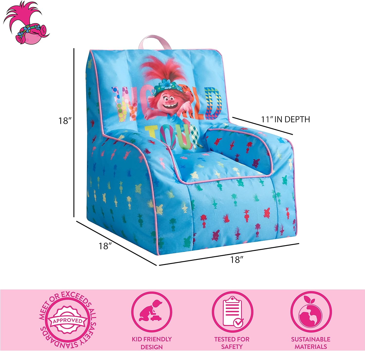 Trolls World Tour Kids Nylon Bean Bag Chair with Piping & Top Carry Handle