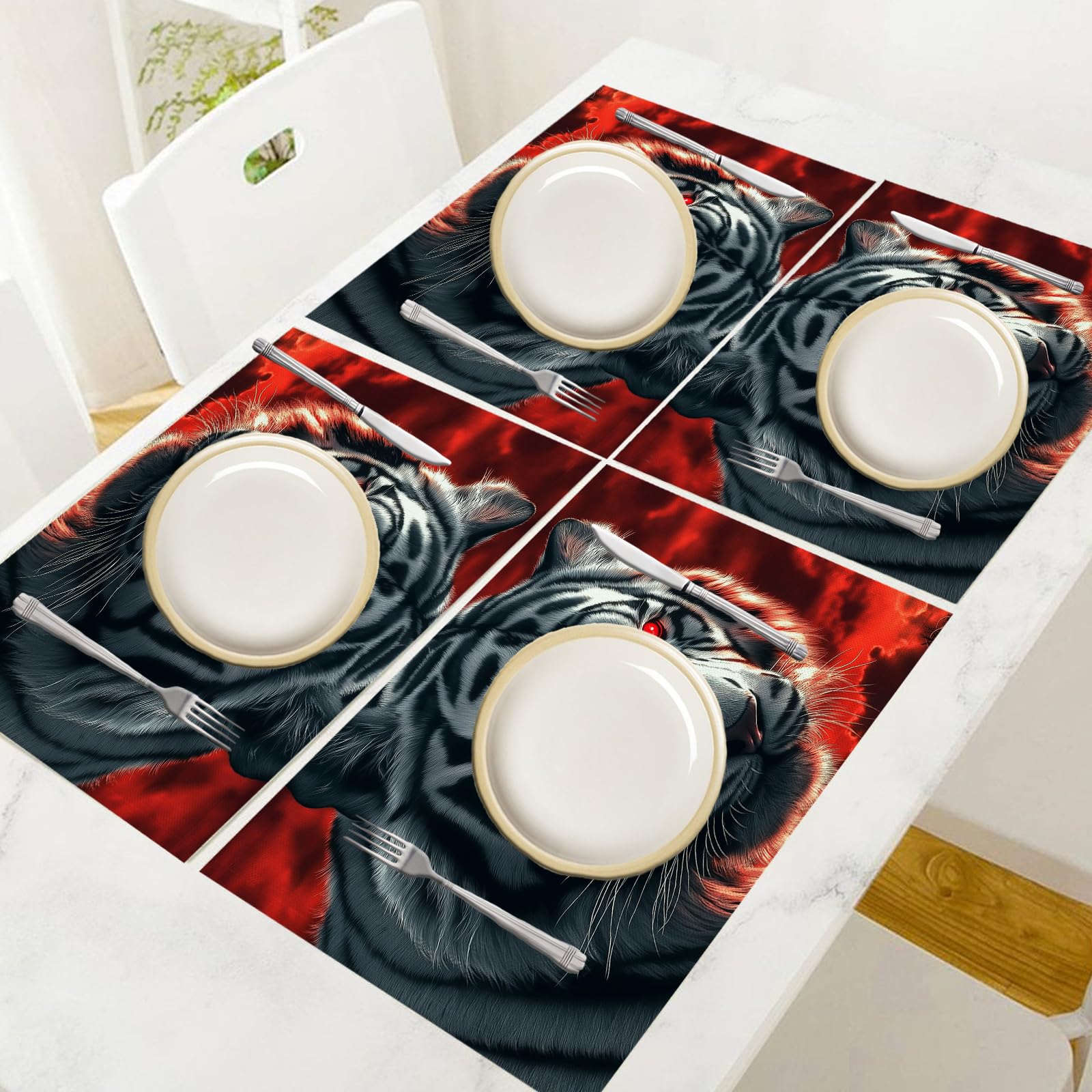 Set di 8 Tovagliette Americane Lavabili Cotone Lino Arte fantasy - Tovaglietta Americana Stoffa Resistenti al Calore Durevole Tigre bianca- per Colazione Pranzo