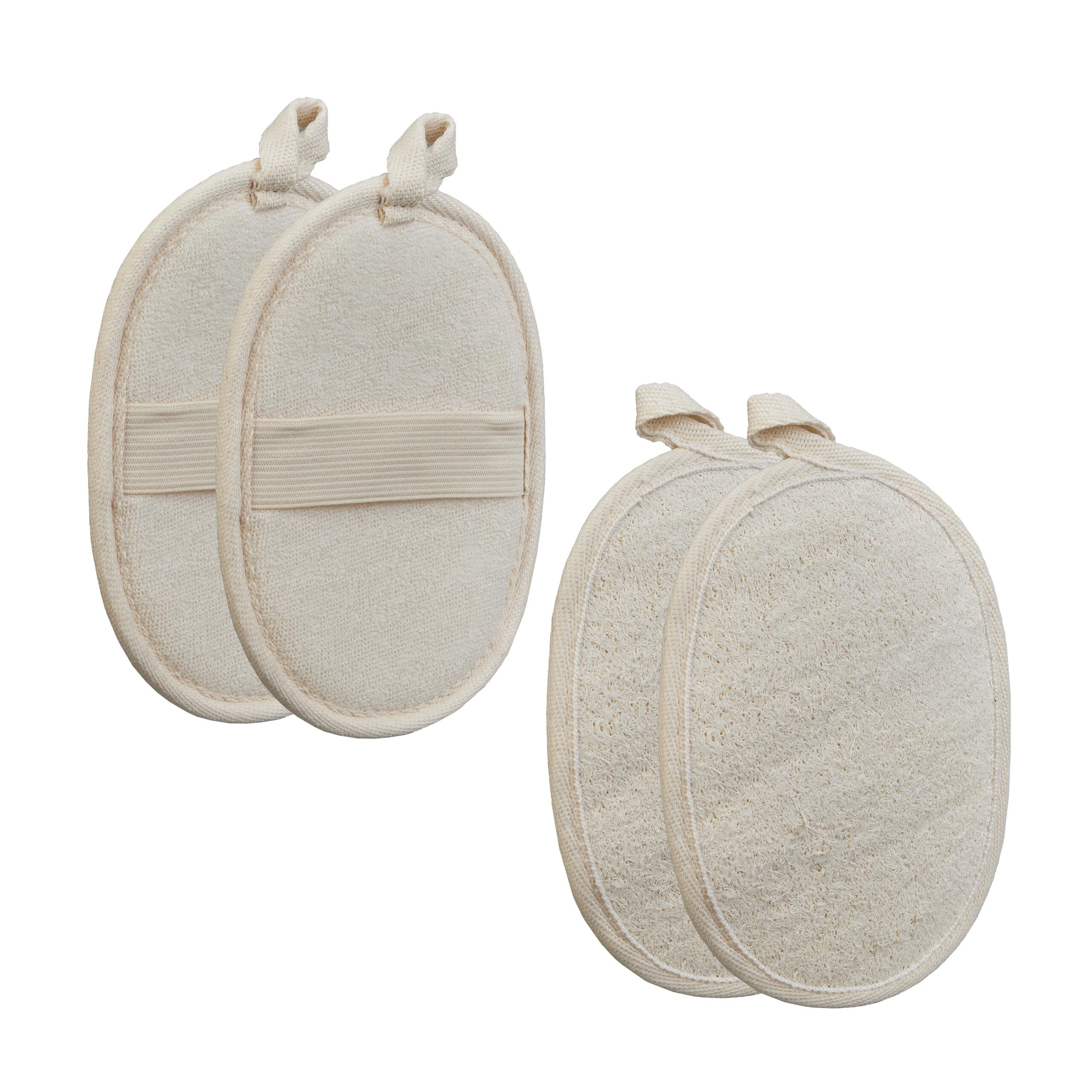 Relaxdays Set de 4 Esponjas de Lufa, para Cuerpo y Cara, Exfoliación Suave y Profunda, Manoplas de Baño Naturales, Beige, Fibra Vegetal, 18 x 11 x 0,5 cm