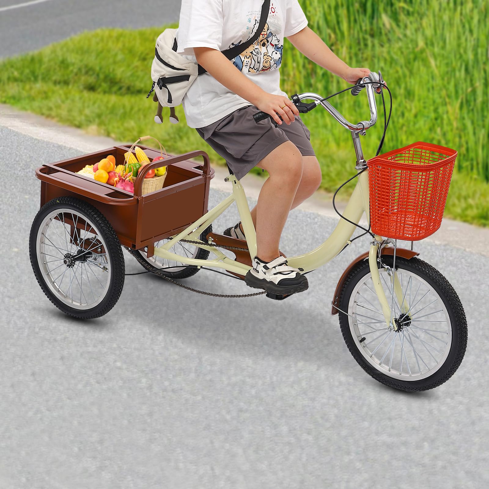 MINRS Triciclo para adultos, 18 pulgadas, altura ajustable, 3 ruedas, bicicleta de compras City con cesta de la compra, triciclo de crucero para adultos, triciclo para actividades al aire libre