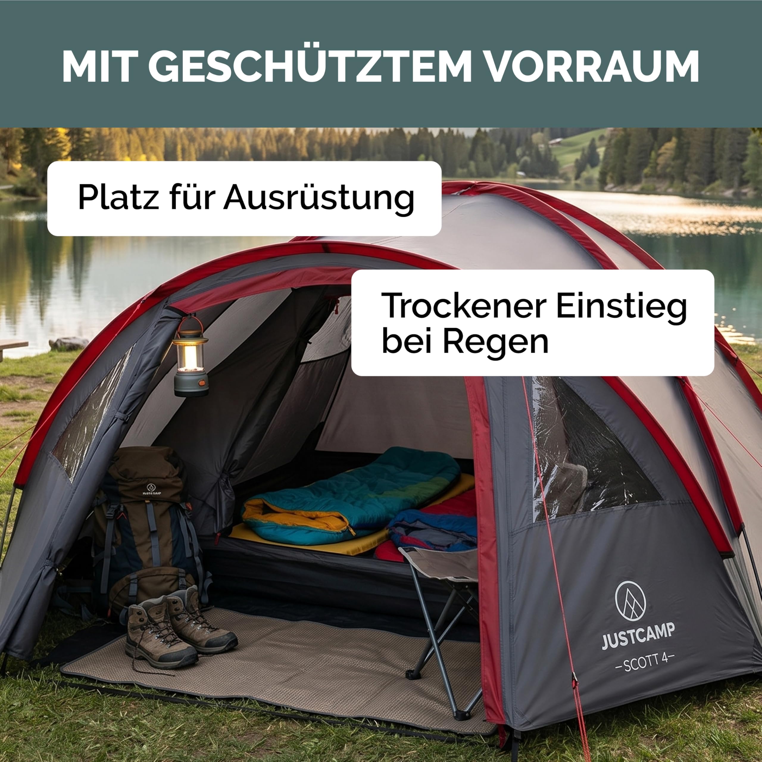 JUSTCAMP Scott Campingzelt für 4 Personen, leicht, stabil, wasserdicht - Kuppelzelt (doppelwandig) mit verschließbarem Vorraum - Iglu-Zelt mit Lüftungshutzen und Moskitonetz an der Schlafkabine