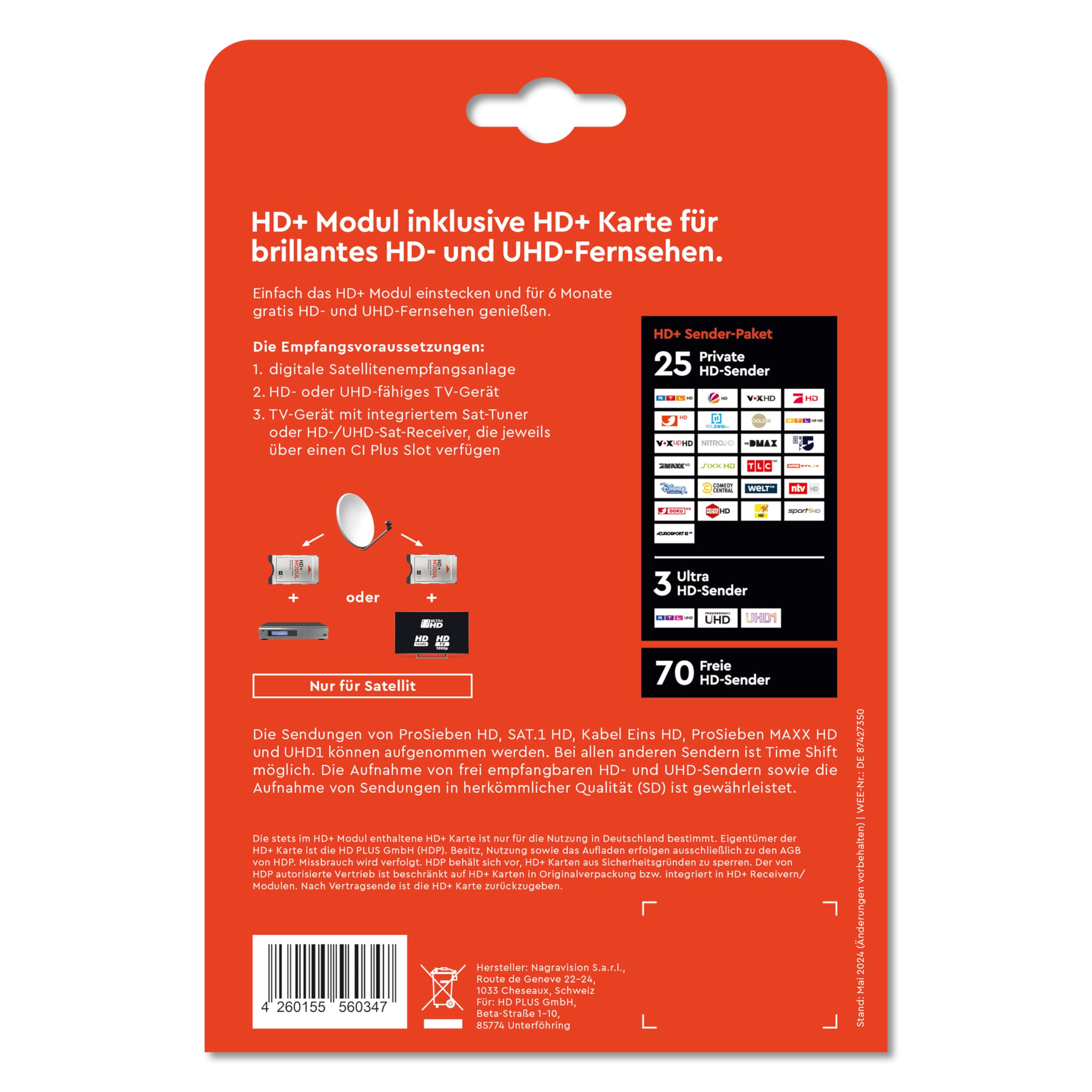 HD+ b-Ware Modul für Satelliten-TV CI+ | inklusive 6 Monate HD+ Sender-Paket | 25 Private Sender, 3 UHD-Sender, 70 frei empfangbare Programme | kein ABO | kompatibel mit Fernseher oder Sat-Receiver