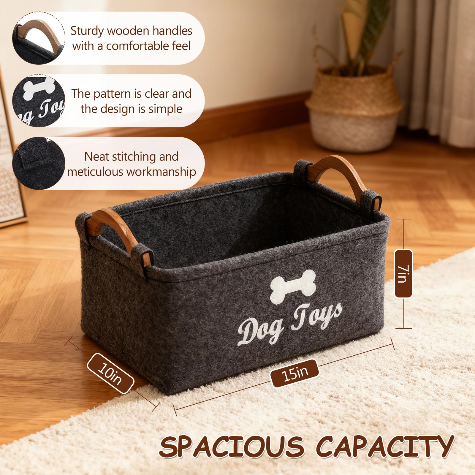 Cesta de Fieltro, Caja de Juguetes para Perros con Mango Madera, Cesta de Almacenamiento Juguete para Perros Versátil, Organizar Comida, Juguetes Accesorios Mascotas