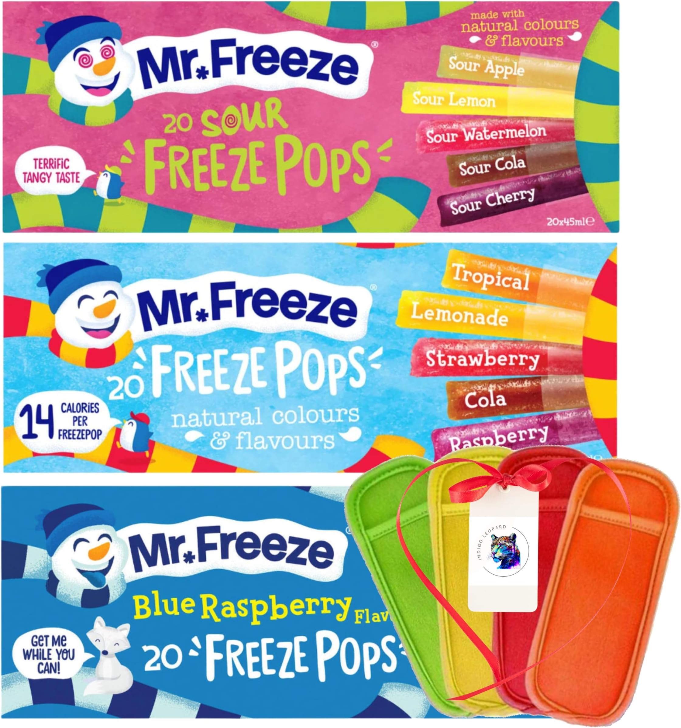 Ice Pops Bundle With Mr Freeze Ice Pops and Indigo Leopard Gifts Ice Pop Holder x4, Sour, Blue Raspberry and assorted Flavours (x60 Ice Poles Total)