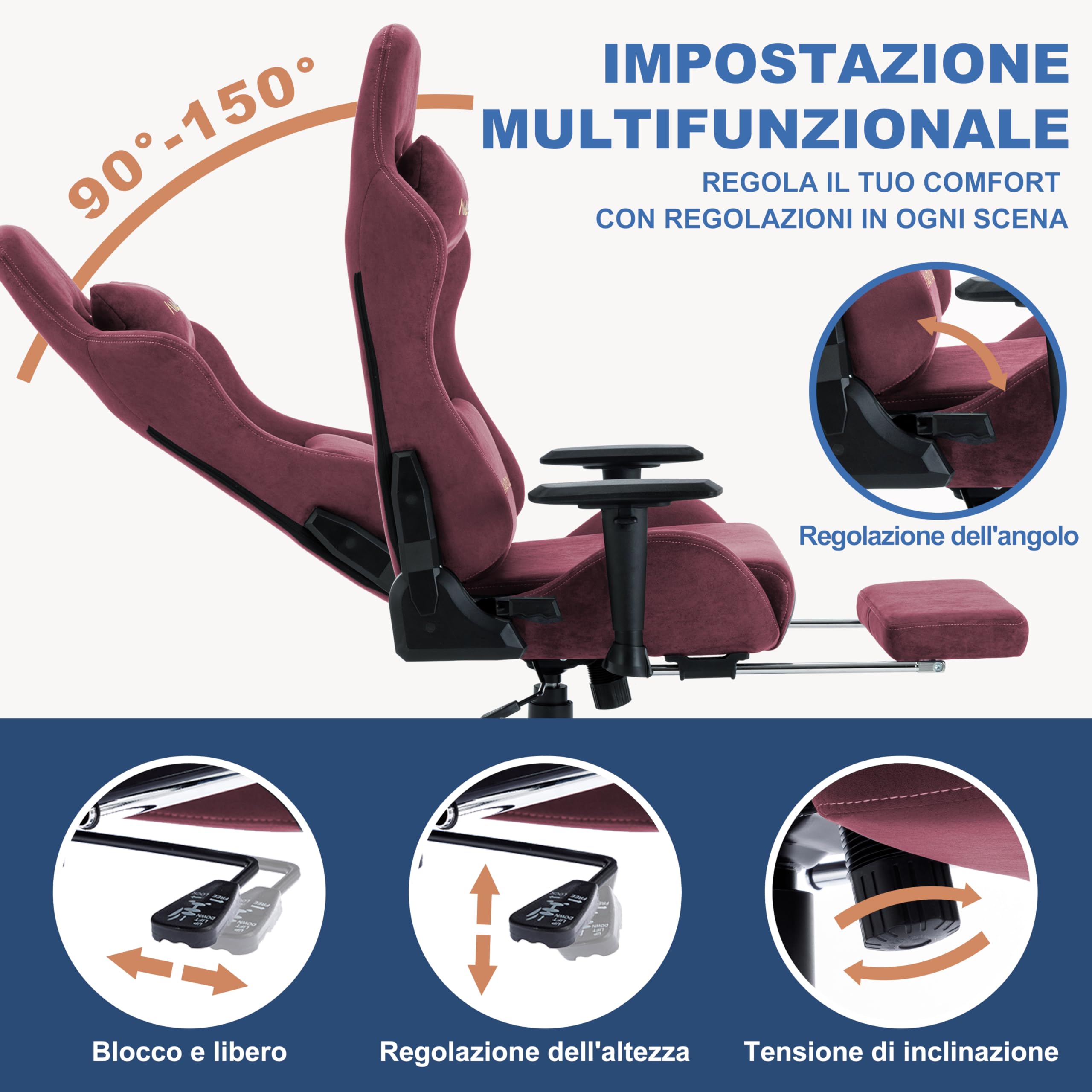 Andyou Silla Gaming Ergonómica | Reclinable 150° con Reposabrazos 2D Ajustables, Soporte Lumbar y Cervical, Capacidad 200 kg, Ruedas Silenciosas