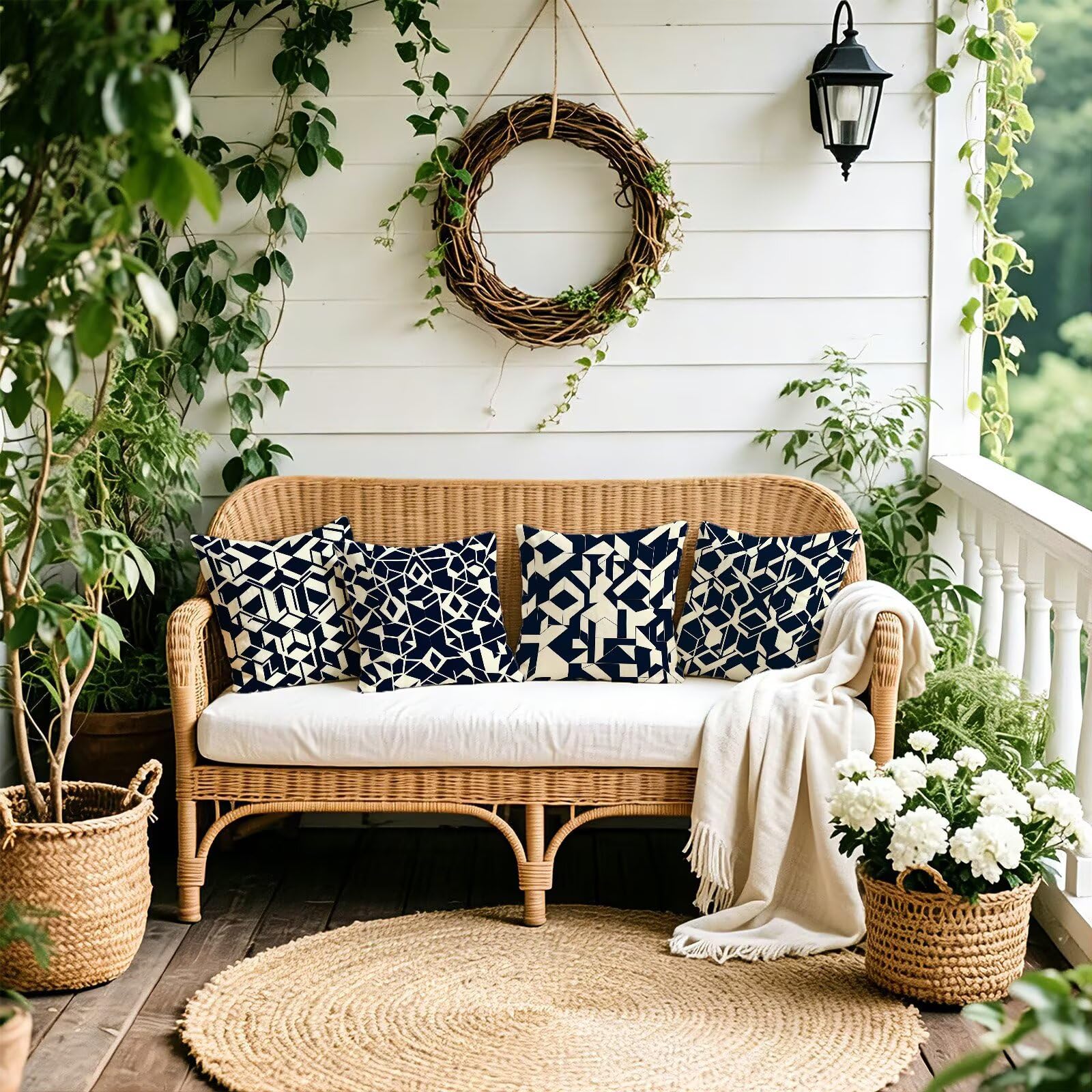 Nero Federe Cuscini Divano 60x60cm, Cuscini da Esterno Set de 4, Cod-174 | Lin Copricuscini Decorativi Letto Arredo, per Letto, Soggiorno, Giardino, Esterno, Casa Decorazione Set di 4 Geometria