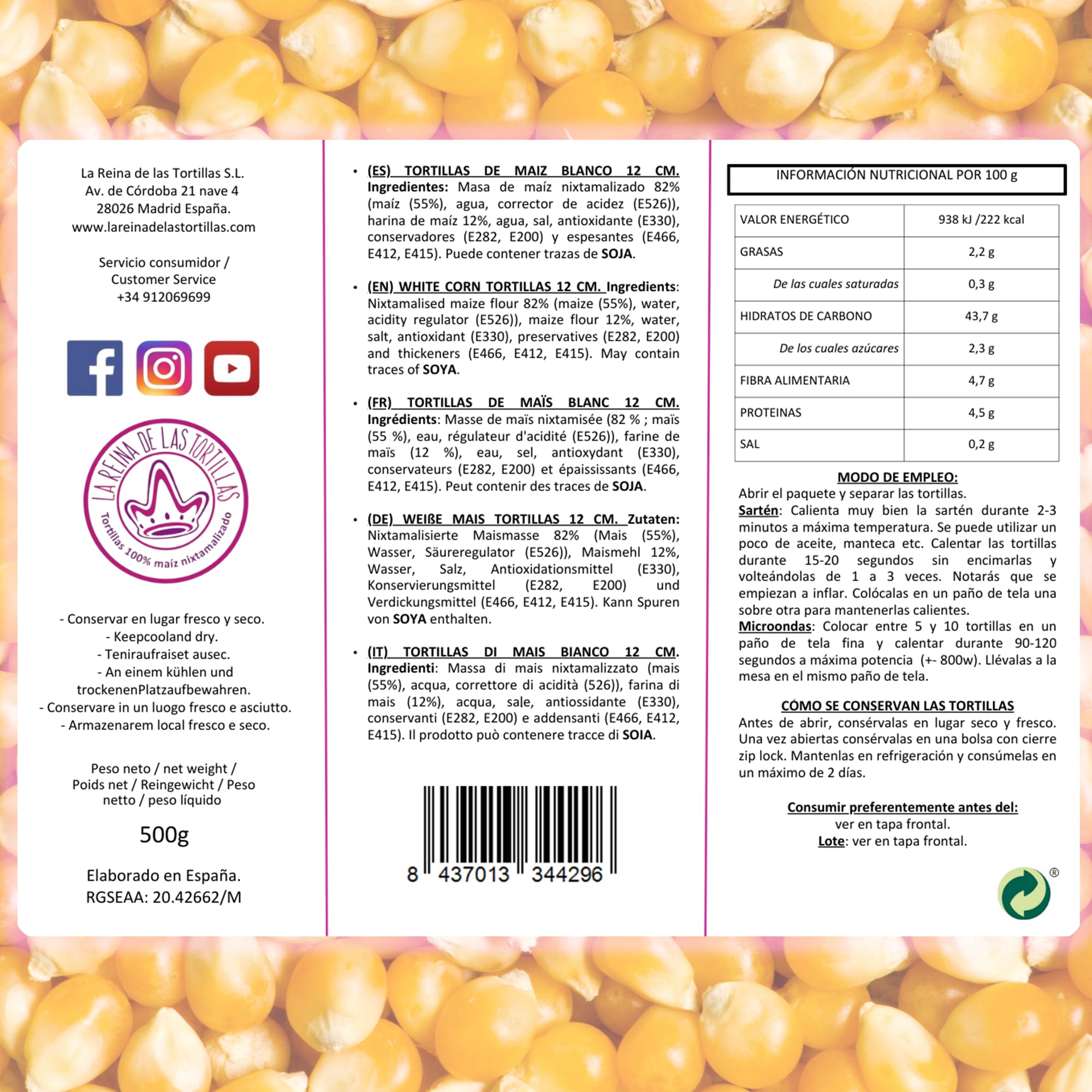 La Reina de las Tortillas - Tortillas Mexicanas de Maíz Blanco 23 uds aprox 100% Nixtamalizado, Líder gastronomía mexicana. Ideal para Fajitas. Apta para Celíacos. Pack de 500 gr Al Vacío, 12 cm..