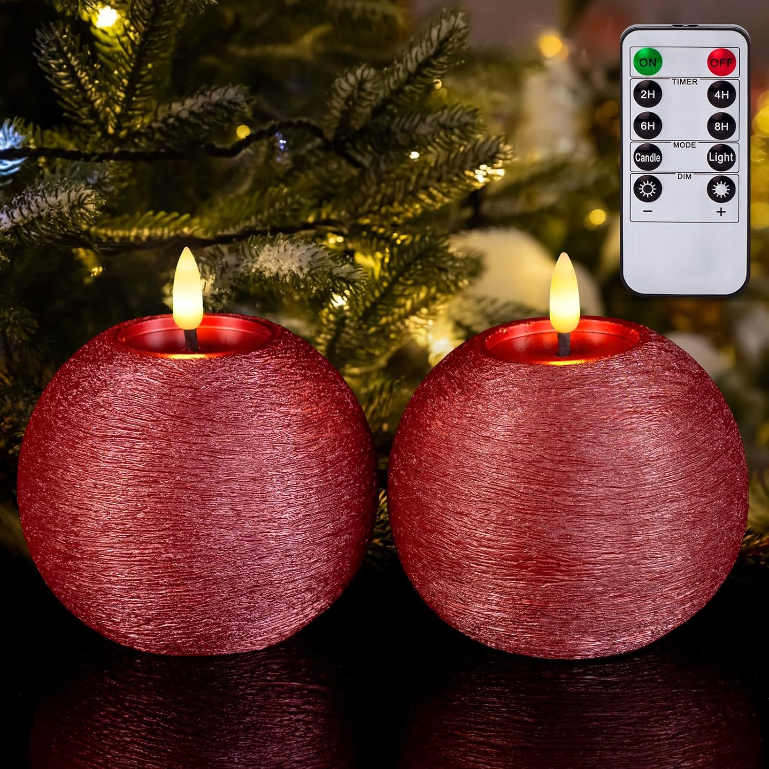 Red Glitter Round Battery Operated Candles with Timer, Flickering Real Wax Ball LED Flameless Candles for Home Decor Christmas Party Tables Centerpieces Set of 2 (4 Inch)