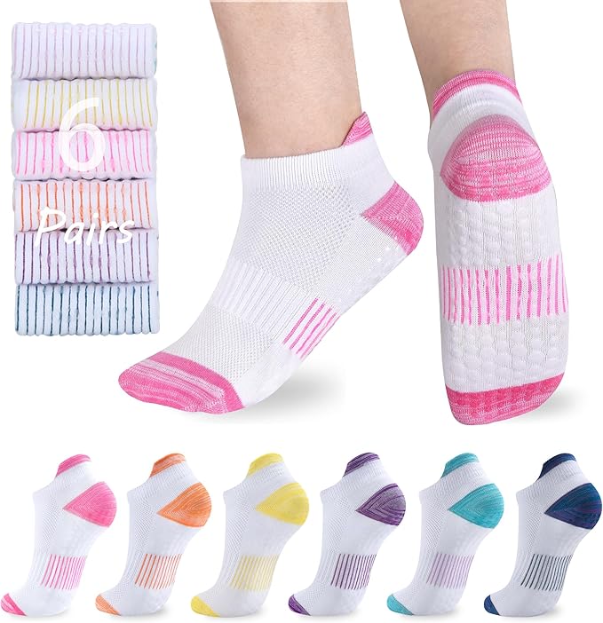 ATBITER Pilates Socks With Grips for Women - 6 Pairs Cute Ankle Non Slip Socks for Yoga, Barre, Hospital, Barefoot