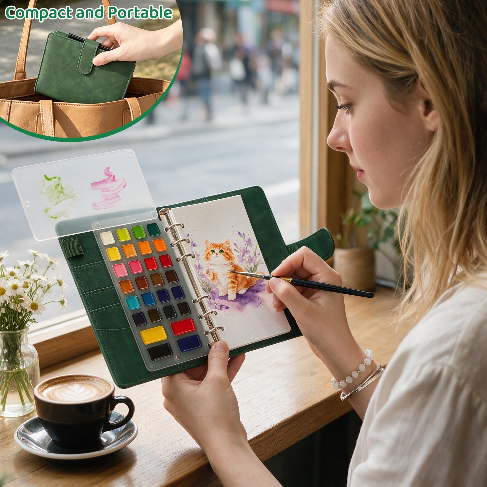 NYFITY Juego de cuaderno de bocetos portátil de acuarela, 28 colores, 7.5 x